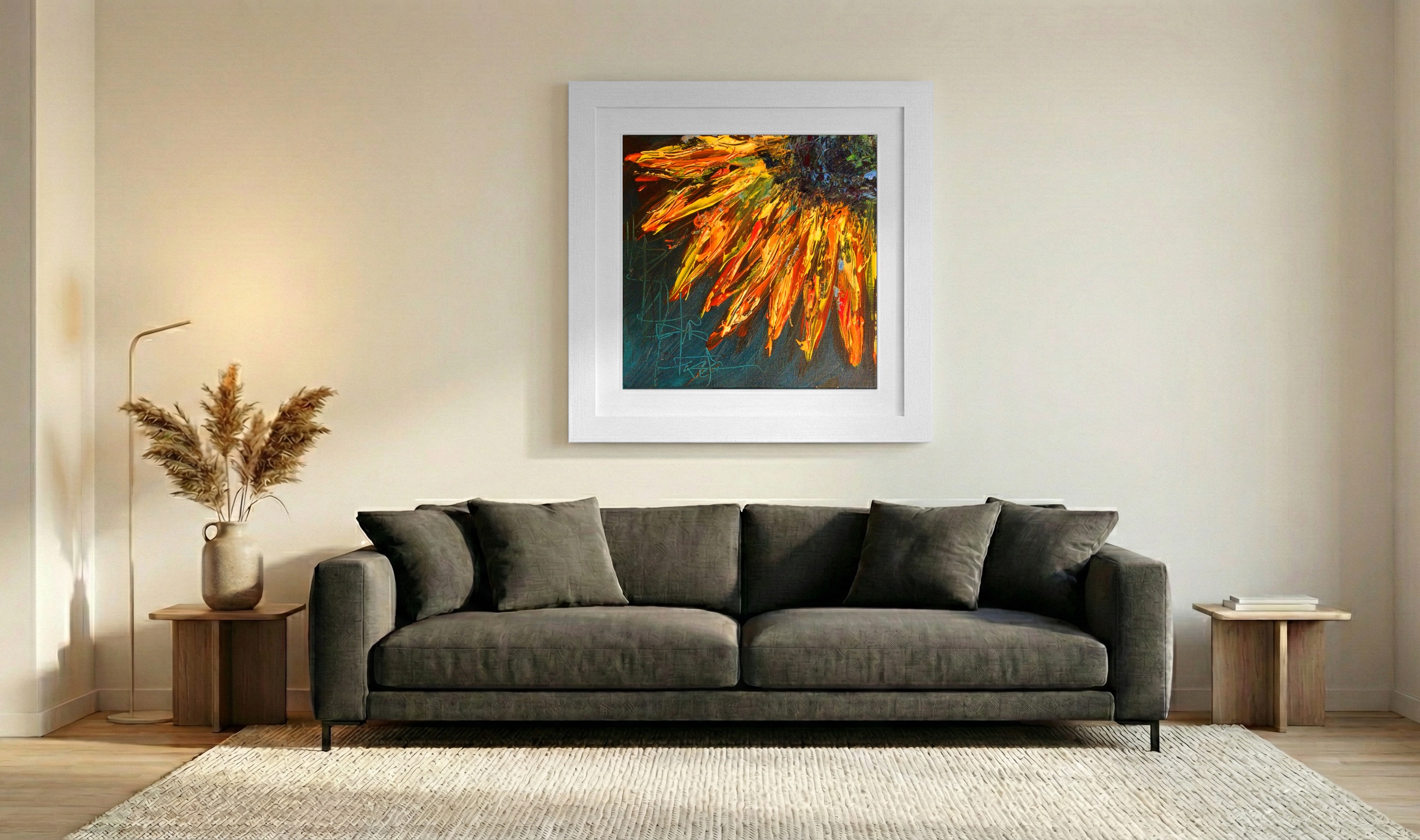 Textured Sunflower Bottom Left Panel — art on the wall, room interior preview 3