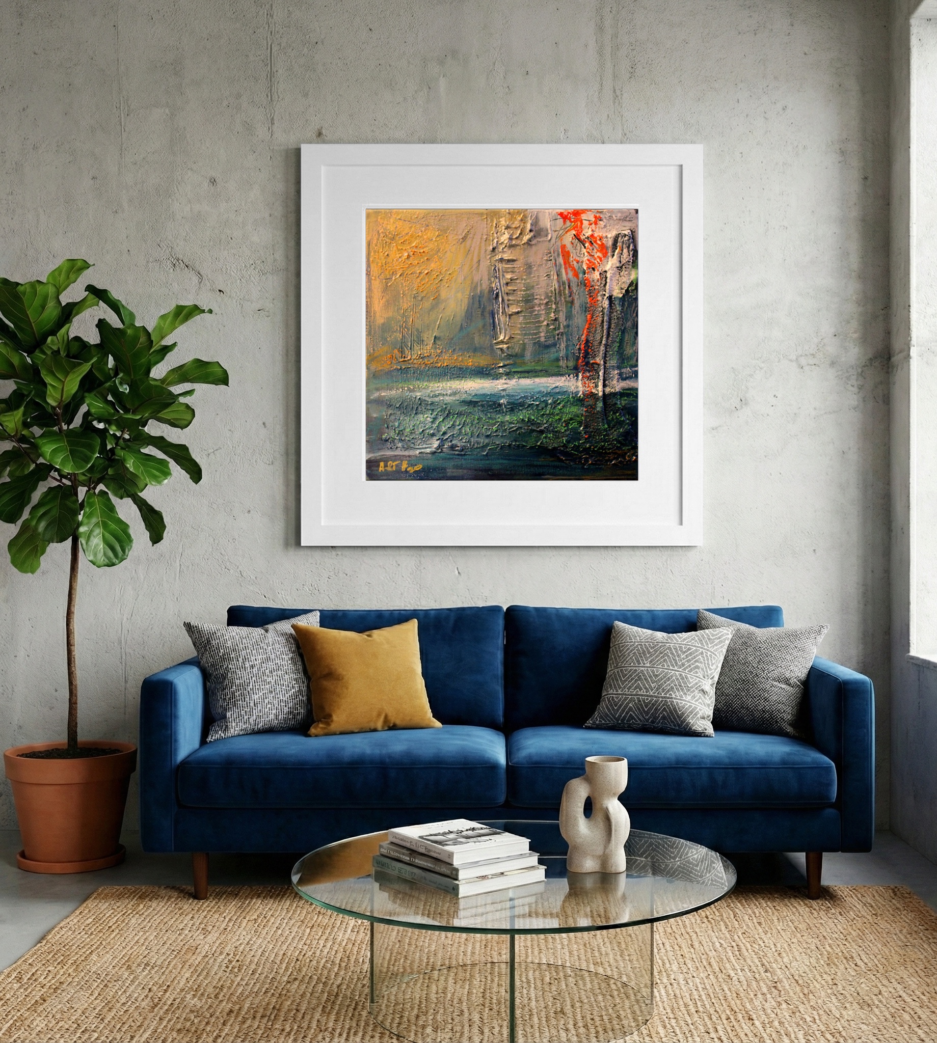 Golden Ochre and Fiery Red Abstract Seascape — art on the wall, room interior preview 2