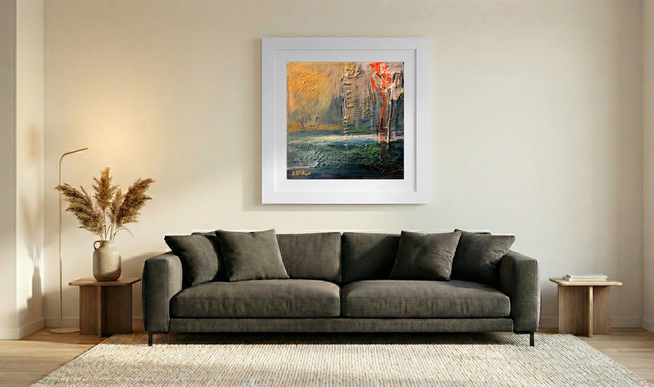 Golden Ochre and Fiery Red Abstract Seascape — art on the wall, room interior preview 3