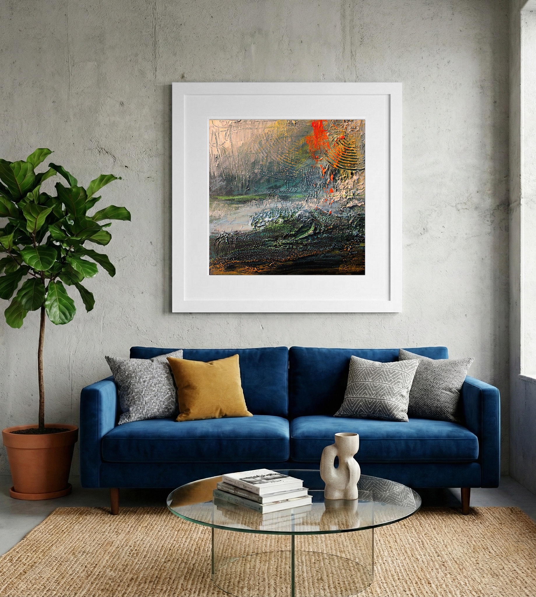 Vibrant Orange and Grey Abstract Coastline — art on the wall, room interior preview 2