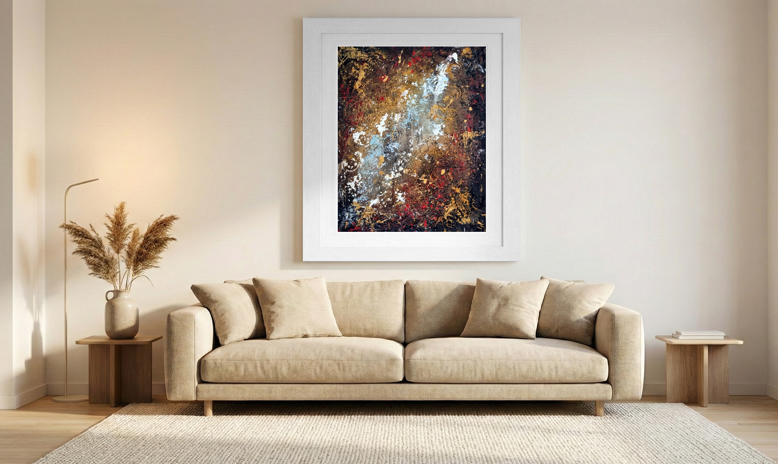 Bronze and Red Abstract Celestial Landscape — art on the wall, room interior preview 1