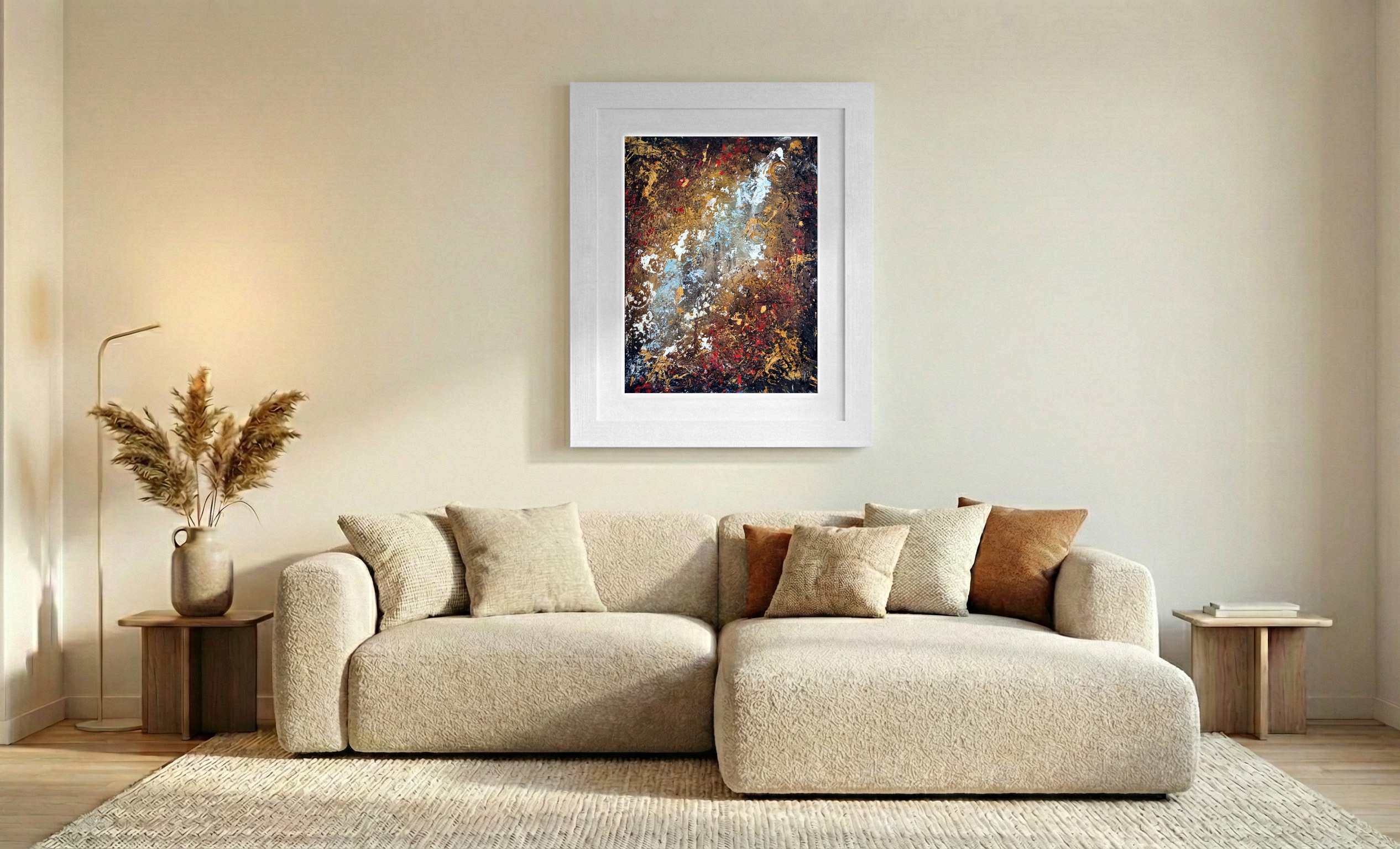 Bronze and Red Abstract Celestial Landscape — art on the wall, room interior preview 2