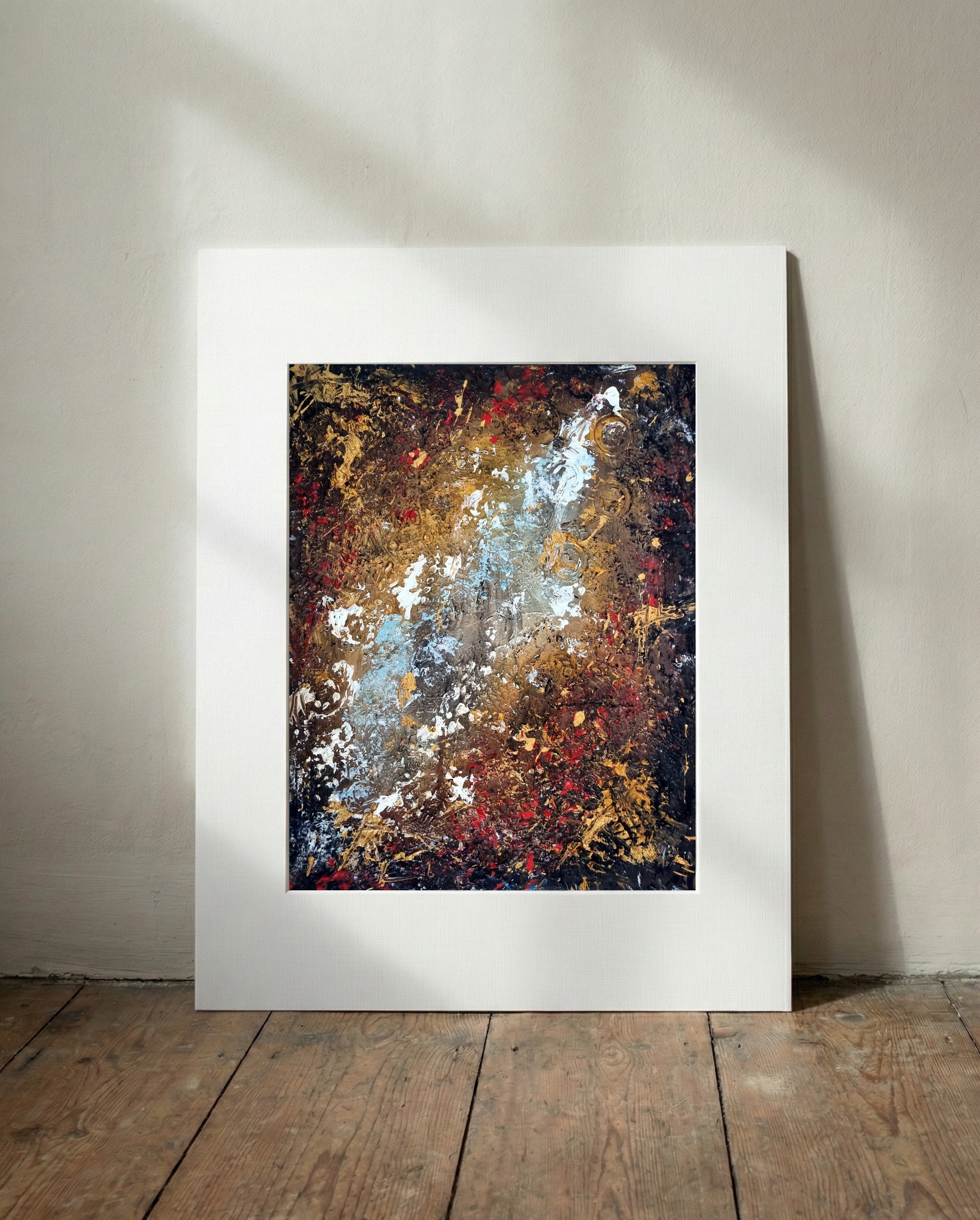Bronze and Red Abstract Celestial Landscape — art on the wall, room interior preview 3