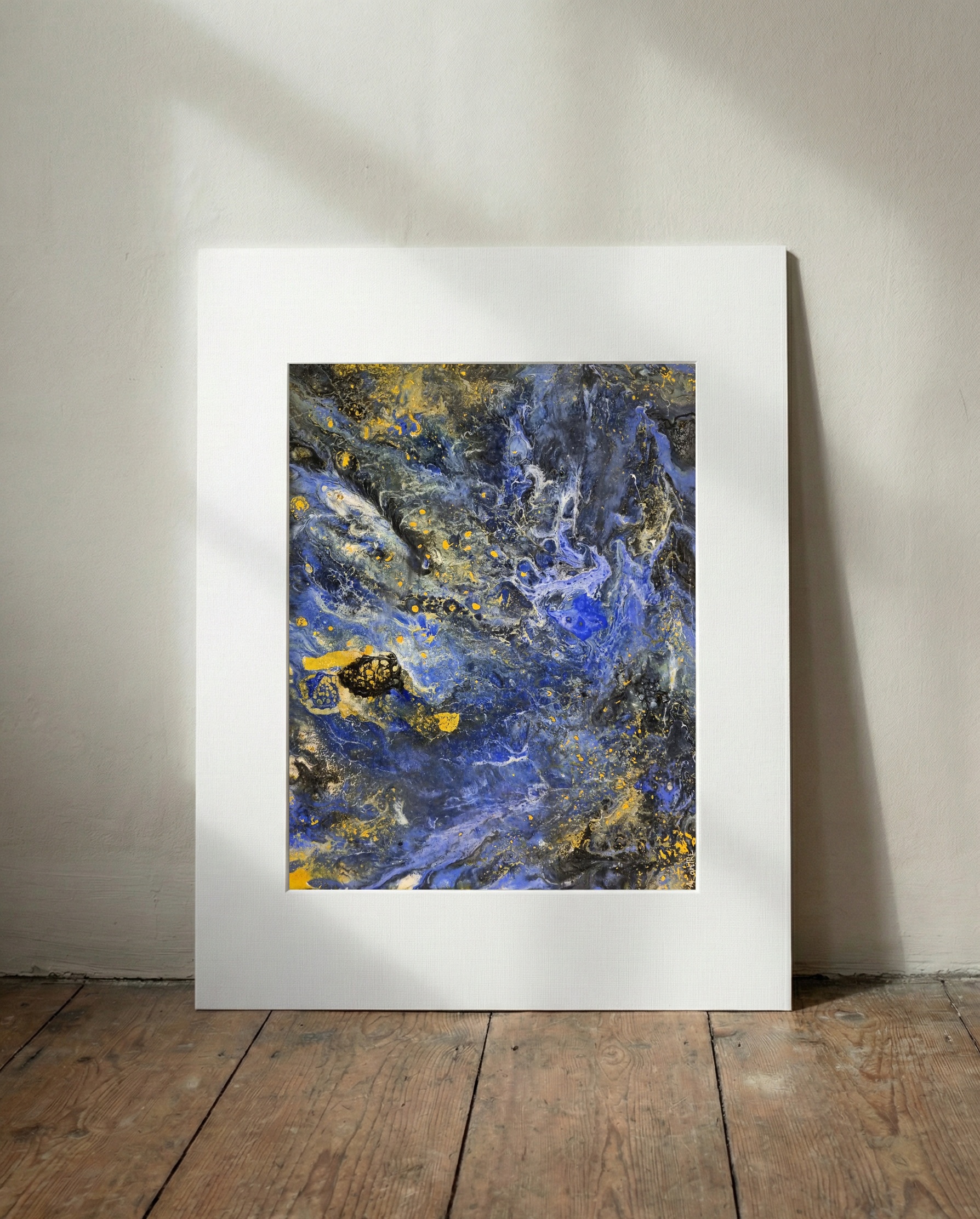 Blue and Gold Abstract Pangea Formation — art on the wall, room interior preview 3