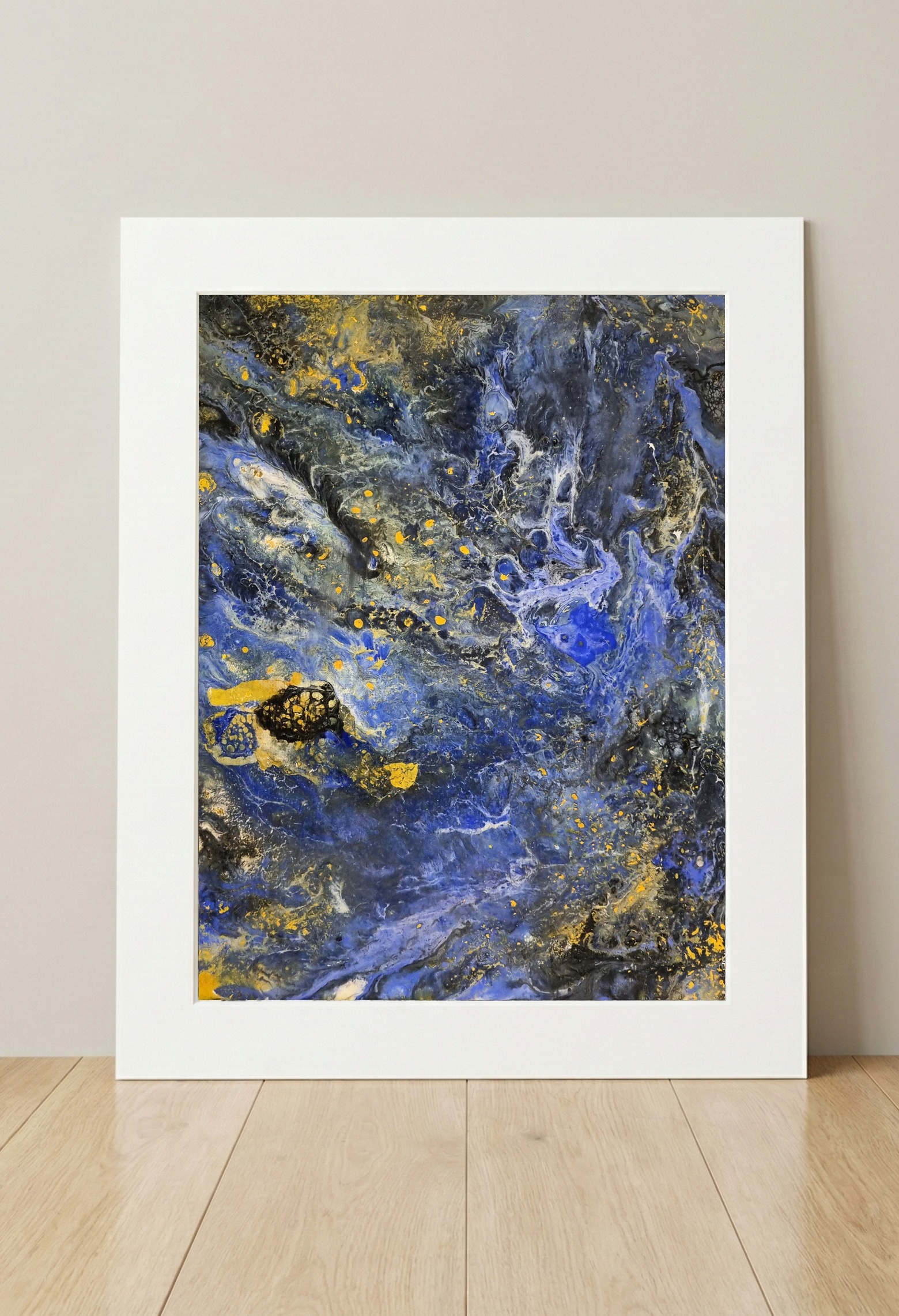 Blue and Gold Abstract Pangea Formation — art on the wall, room interior preview 2