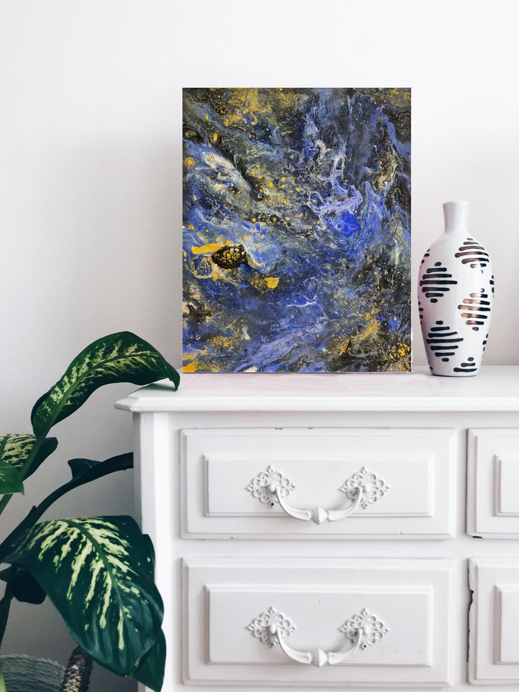 Blue and Gold Abstract Pangea Formation — art on the wall, room interior preview 3
