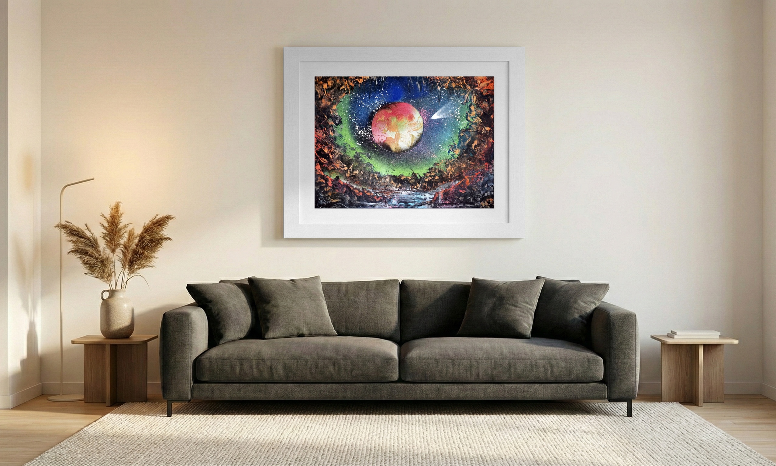 Cosmic Cave with Red Planet and Comet — art on the wall, room interior preview 1