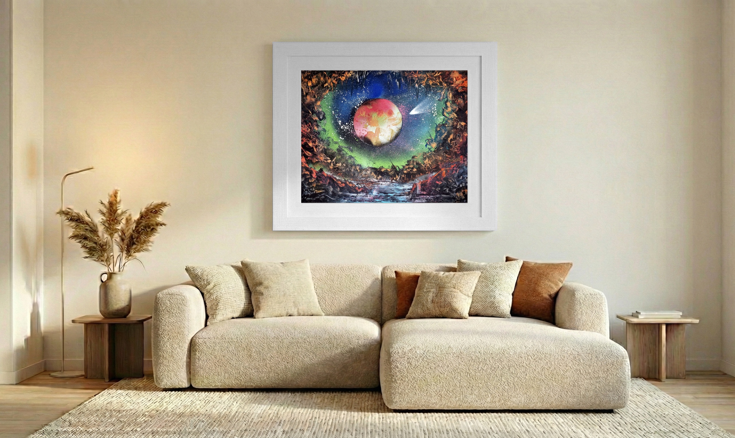 Cosmic Cave with Red Planet and Comet — art on the wall, room interior preview 2