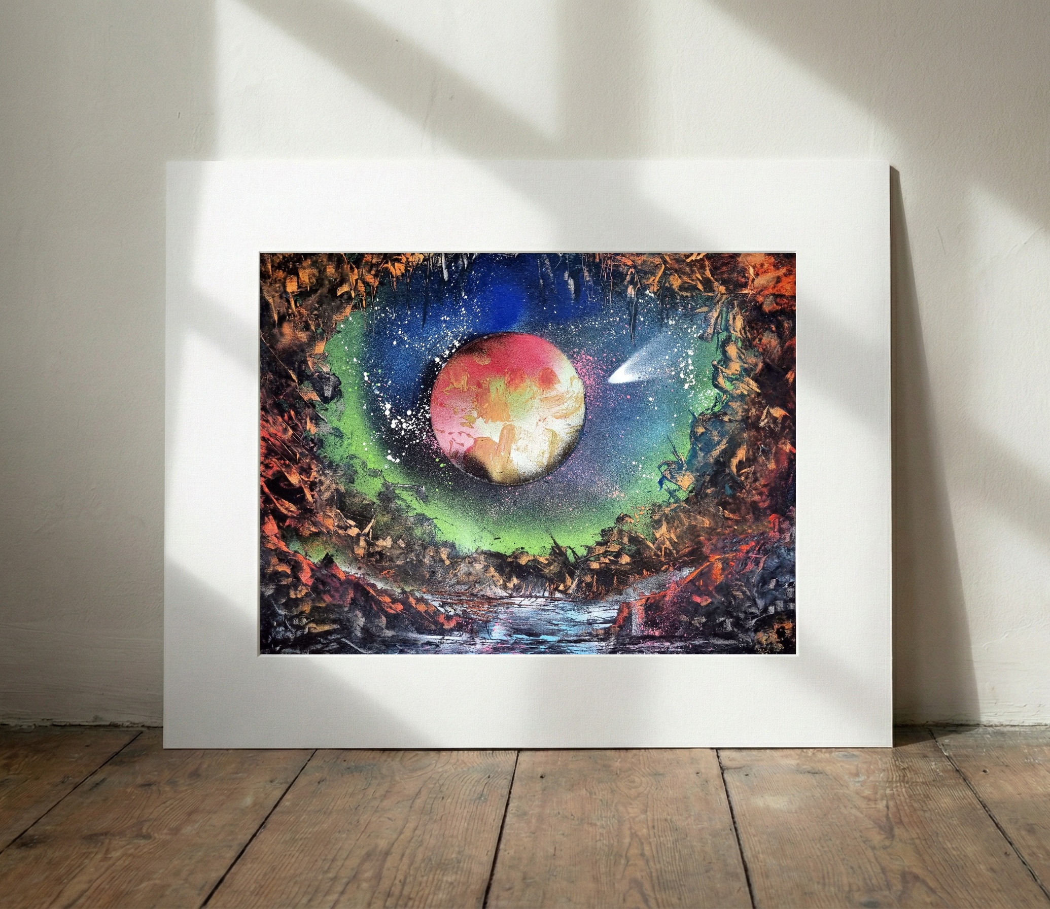 Cosmic Cave with Red Planet and Comet — art on the wall, room interior preview 3