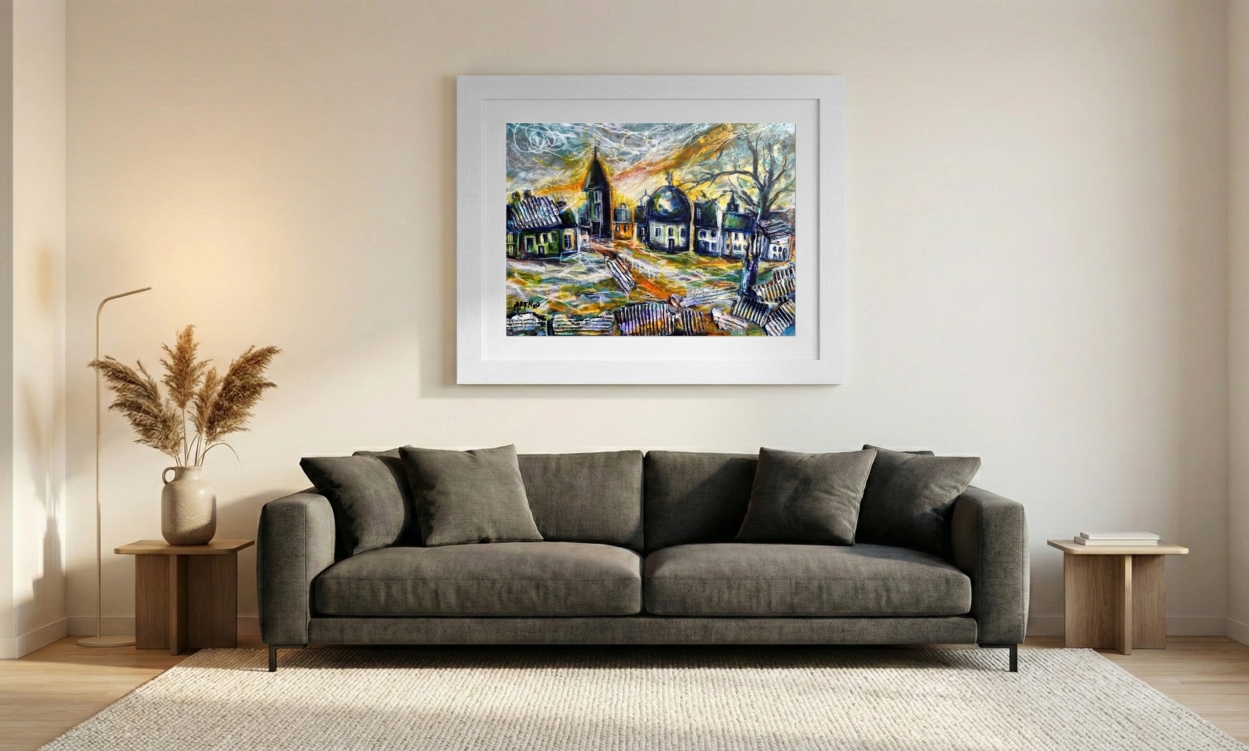 Gold and Teal European Cityscape — art on the wall, room interior preview 1