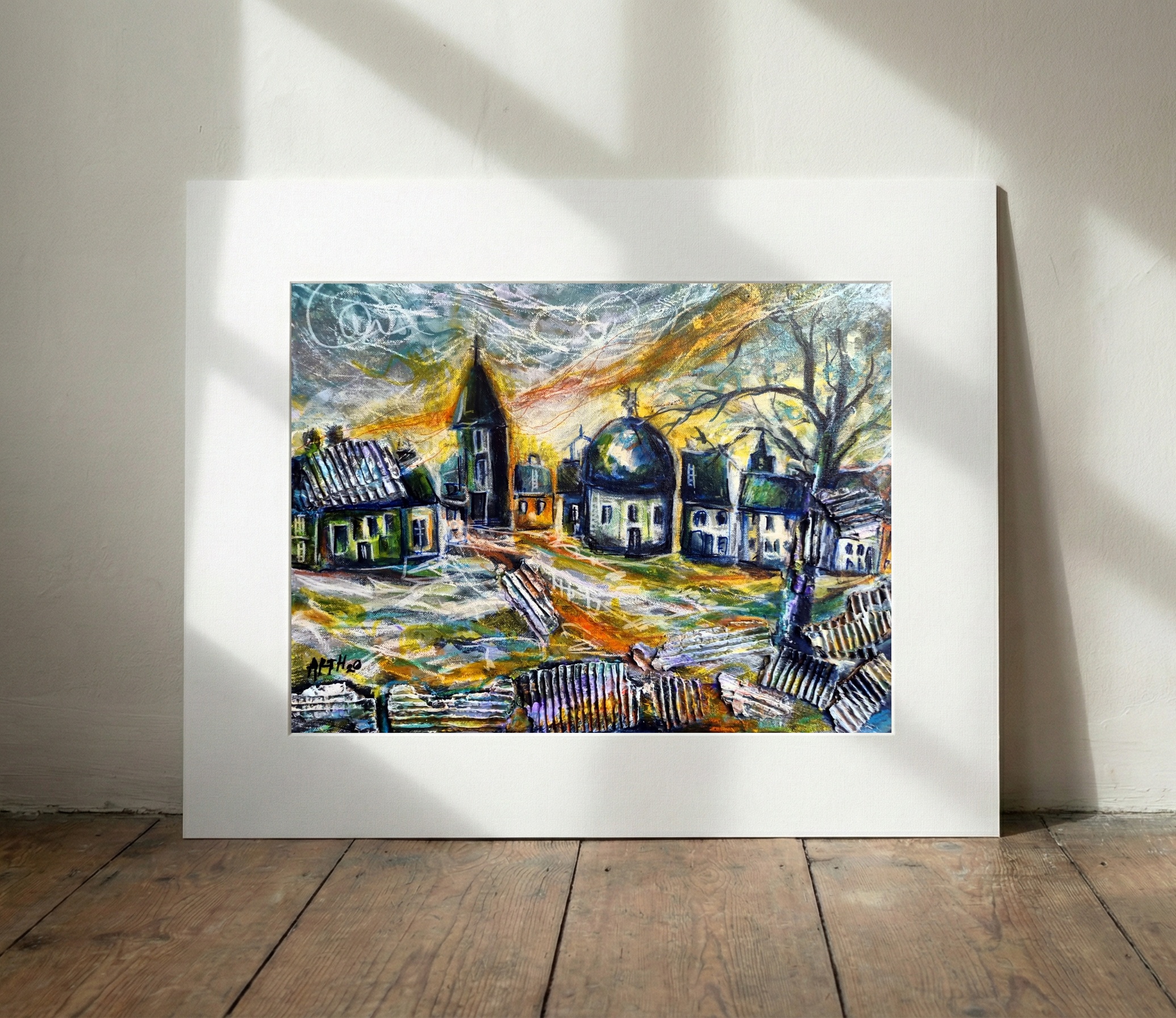 Gold and Teal European Cityscape — art on the wall, room interior preview 3