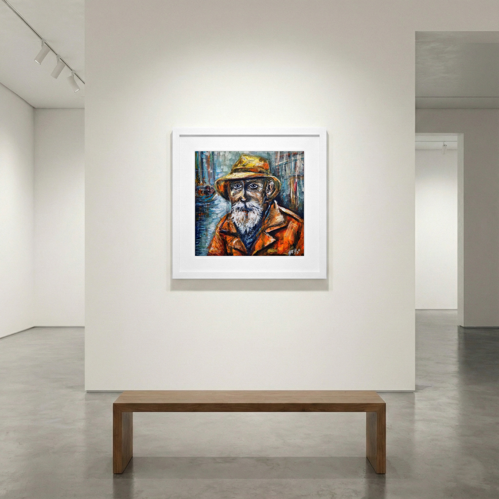 Blue and Orange Fisherman Portrait — art on the wall, room interior preview 1