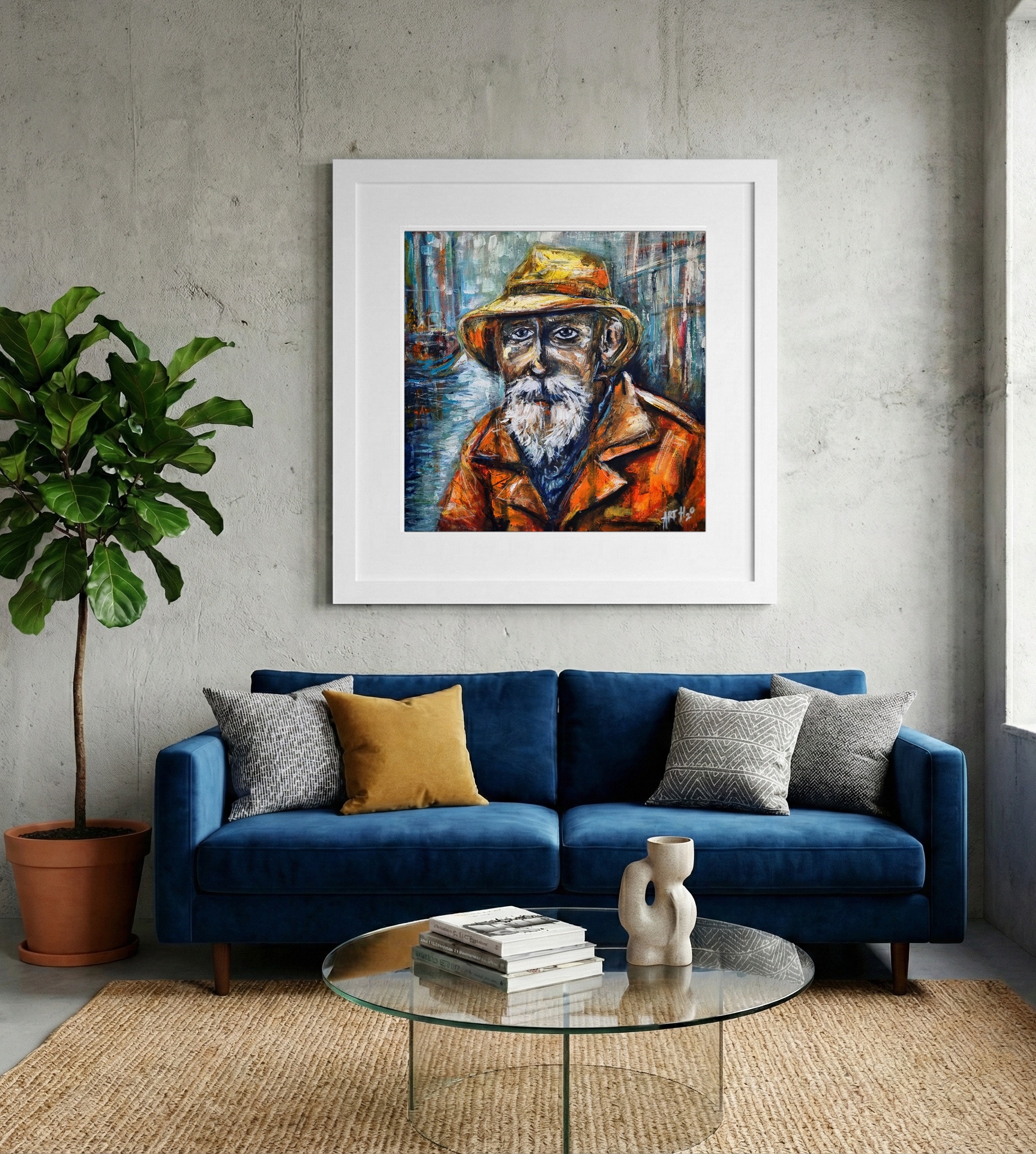 Blue and Orange Fisherman Portrait — art on the wall, room interior preview 2