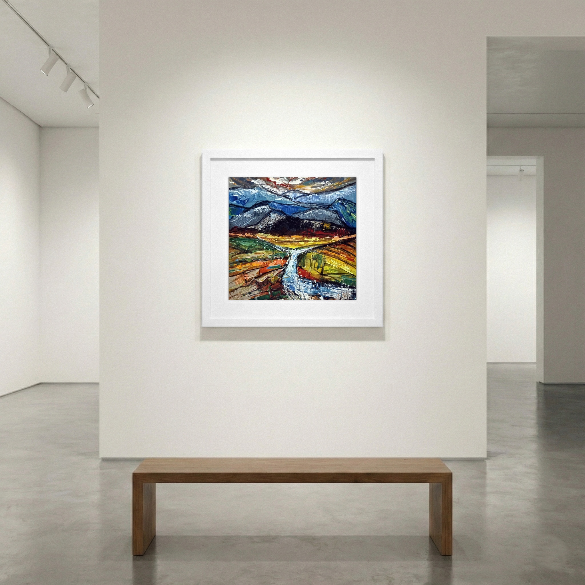 Cool Blue and Ochre Irish Stream Landscape — art on the wall, room interior preview 1