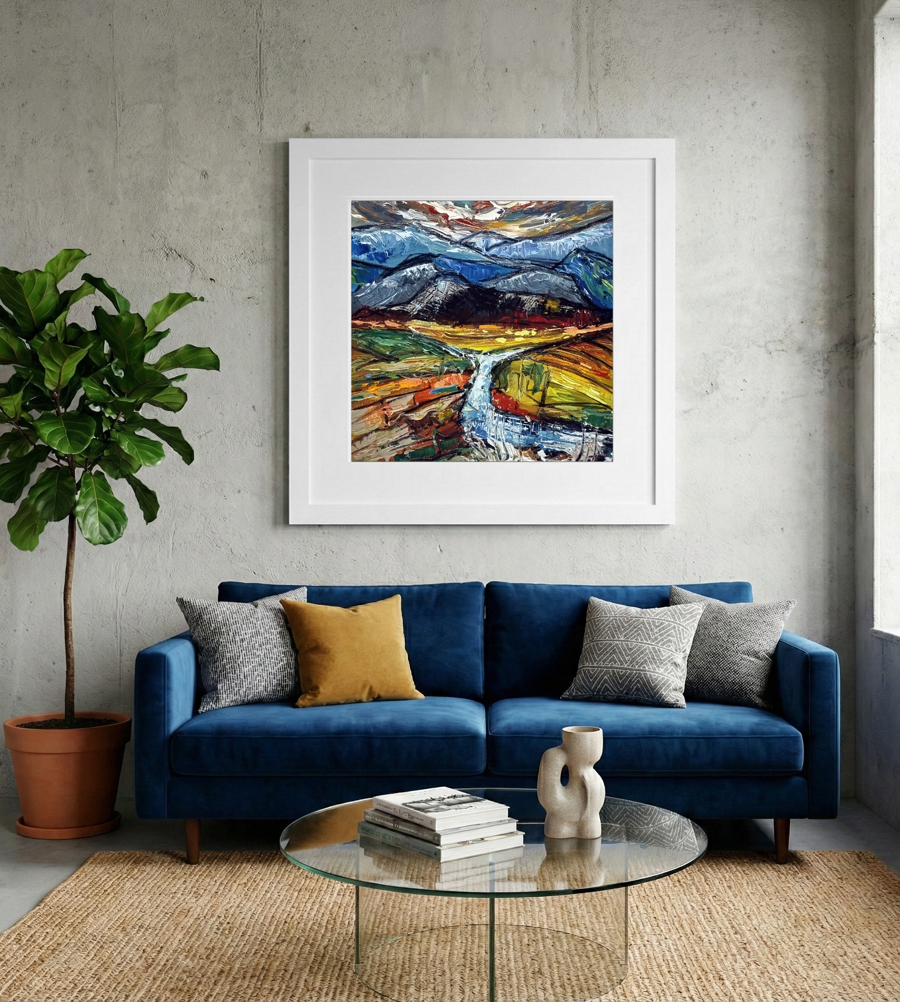 Cool Blue and Ochre Irish Stream Landscape — art on the wall, room interior preview 2