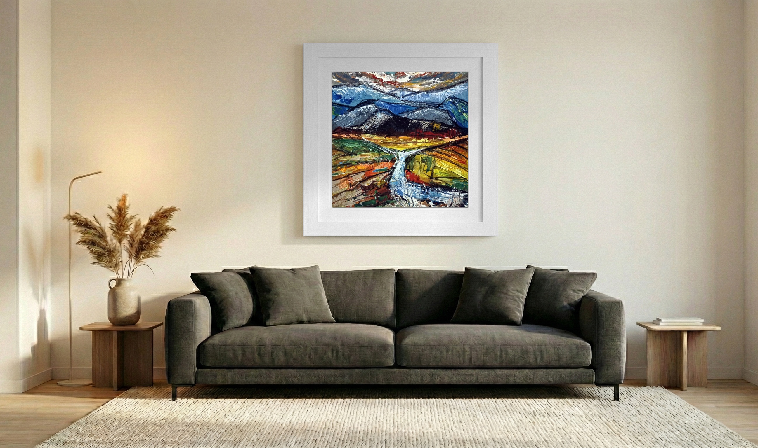 Cool Blue and Ochre Irish Stream Landscape — art on the wall, room interior preview 3