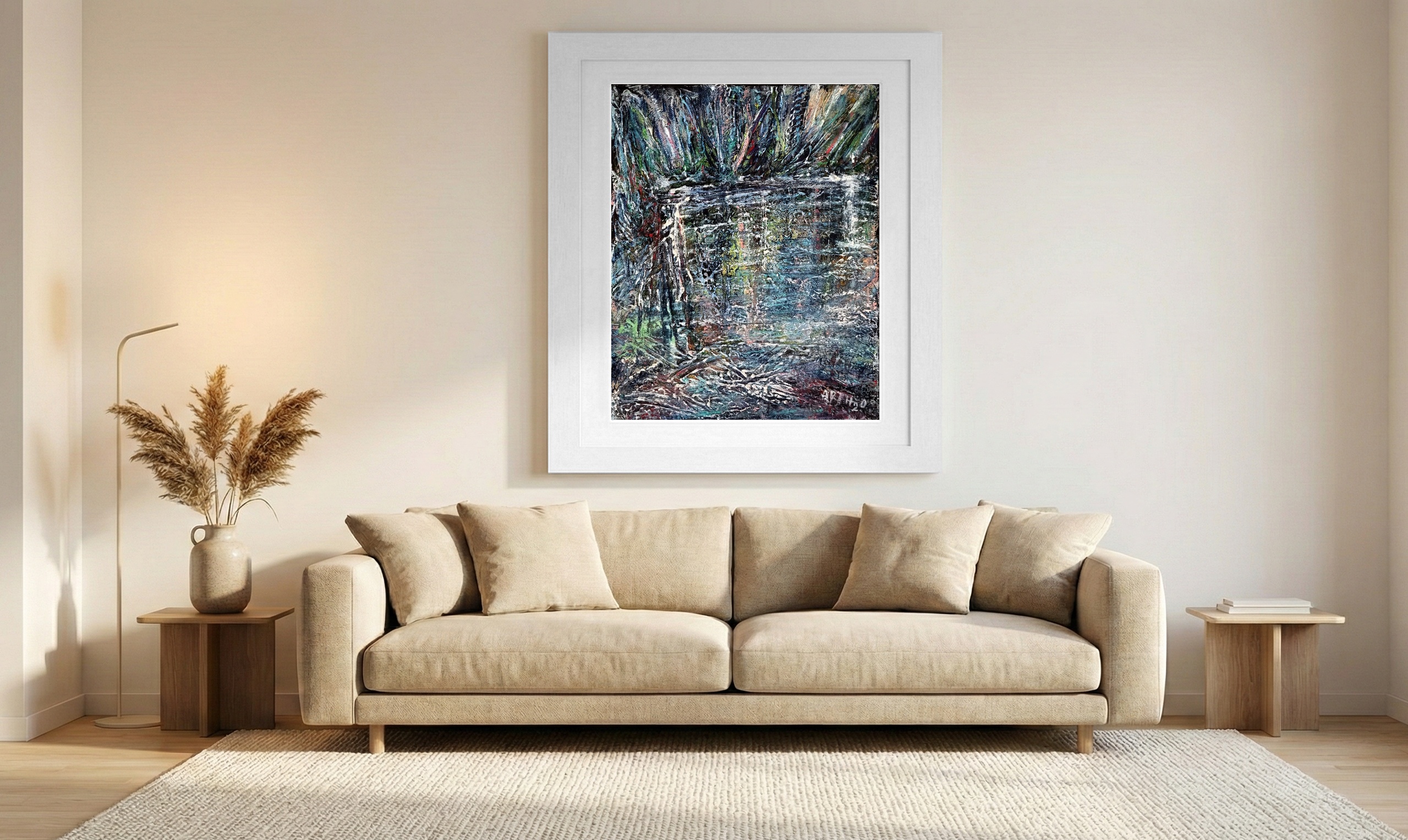 Teal Reflections in Mixed Media Forest Stream — art on the wall, room interior preview 1