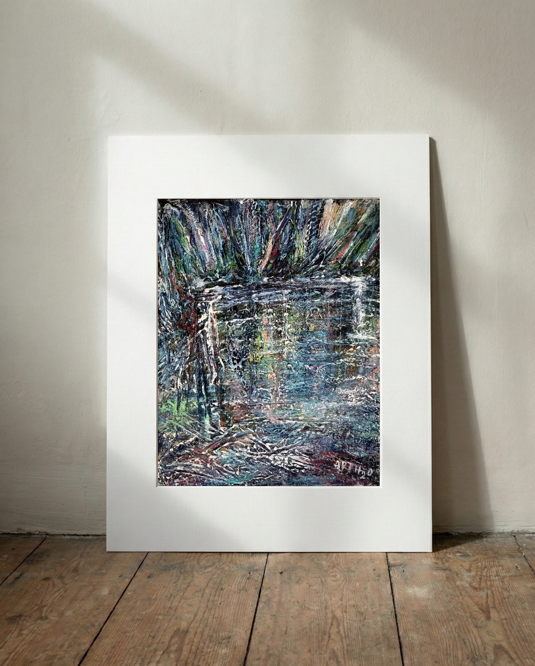 Teal Reflections in Mixed Media Forest Stream — art on the wall, room interior preview 3