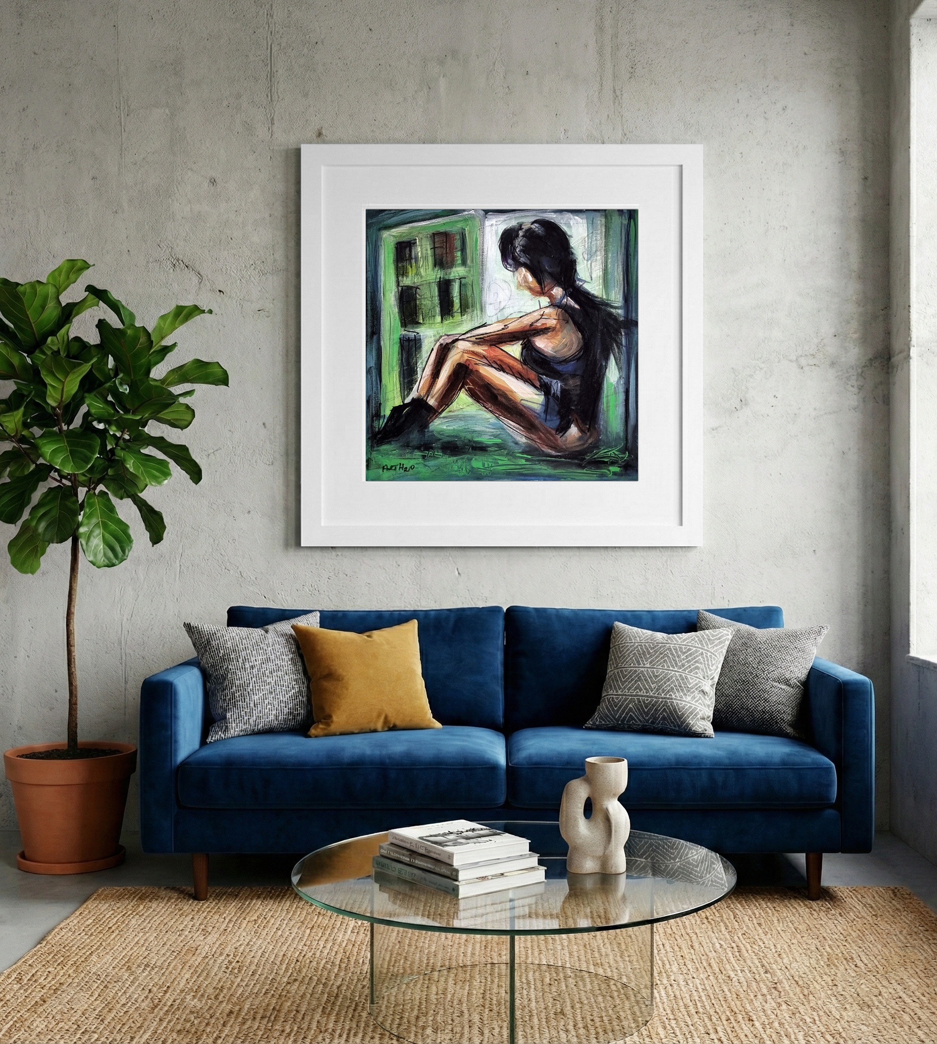 Moody Greens Figure in Urban Window — art on the wall, room interior preview 2