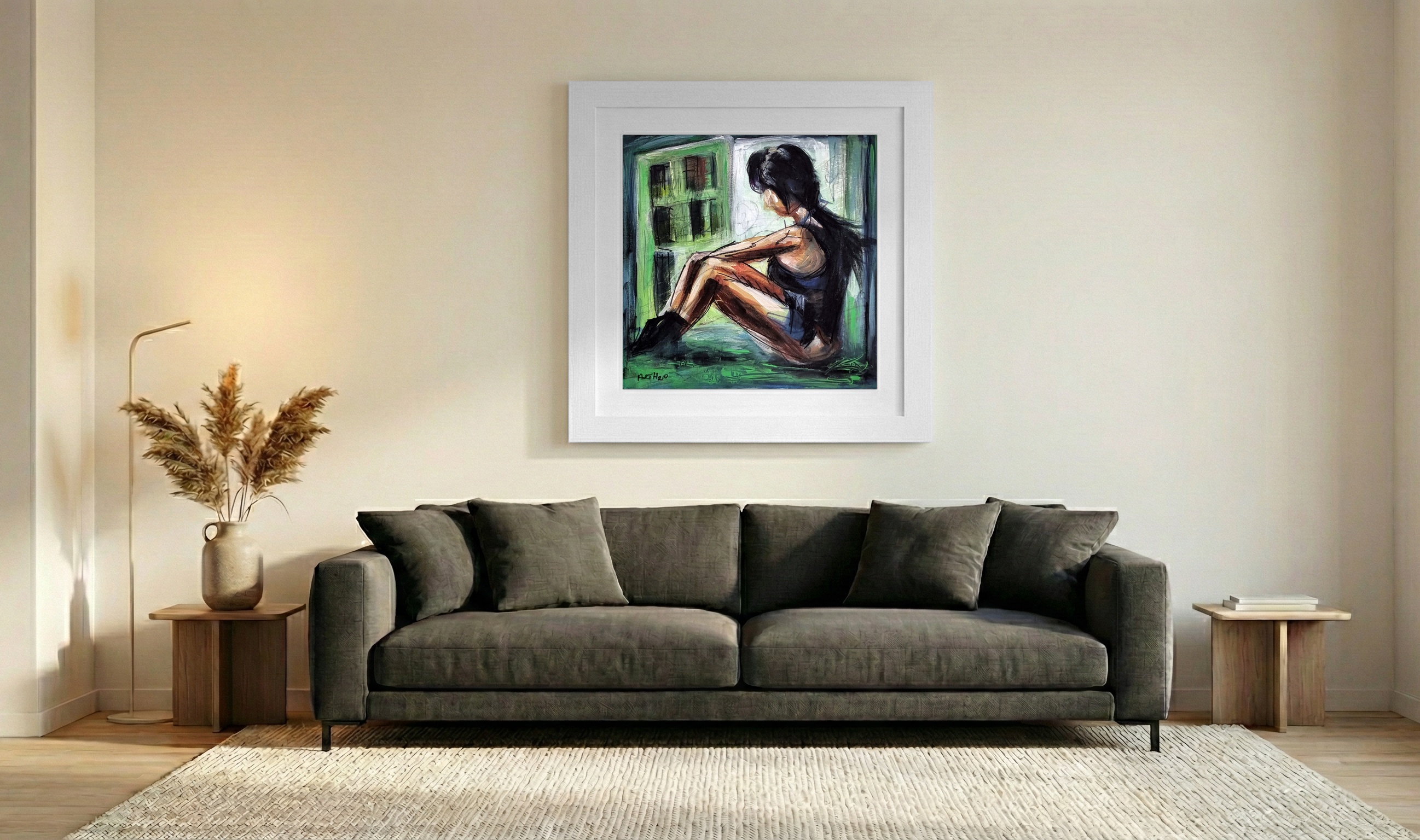 Moody Greens Figure in Urban Window — art on the wall, room interior preview 3