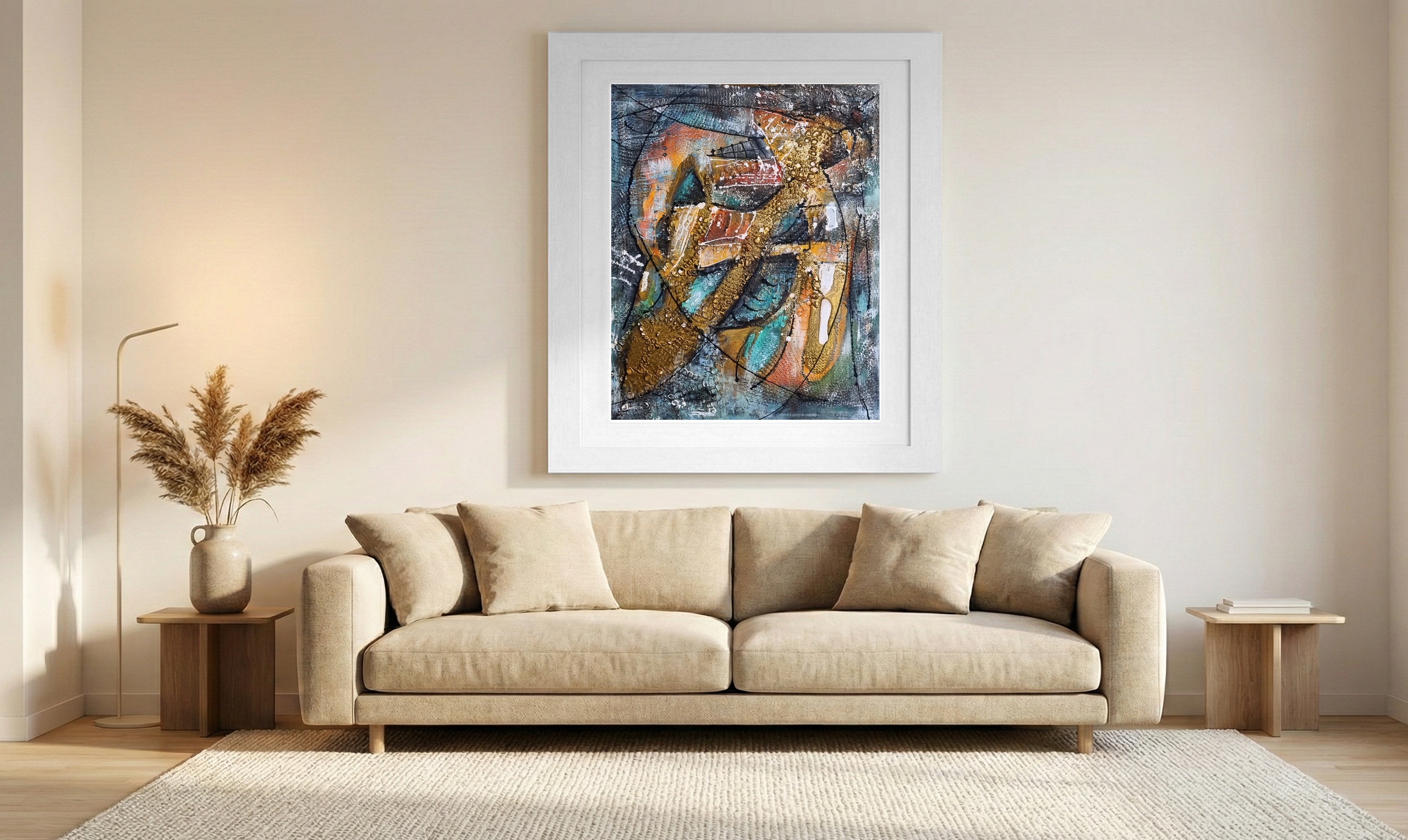 Abstract Black Seafarer in Textured Chaos — art on the wall, room interior preview 1