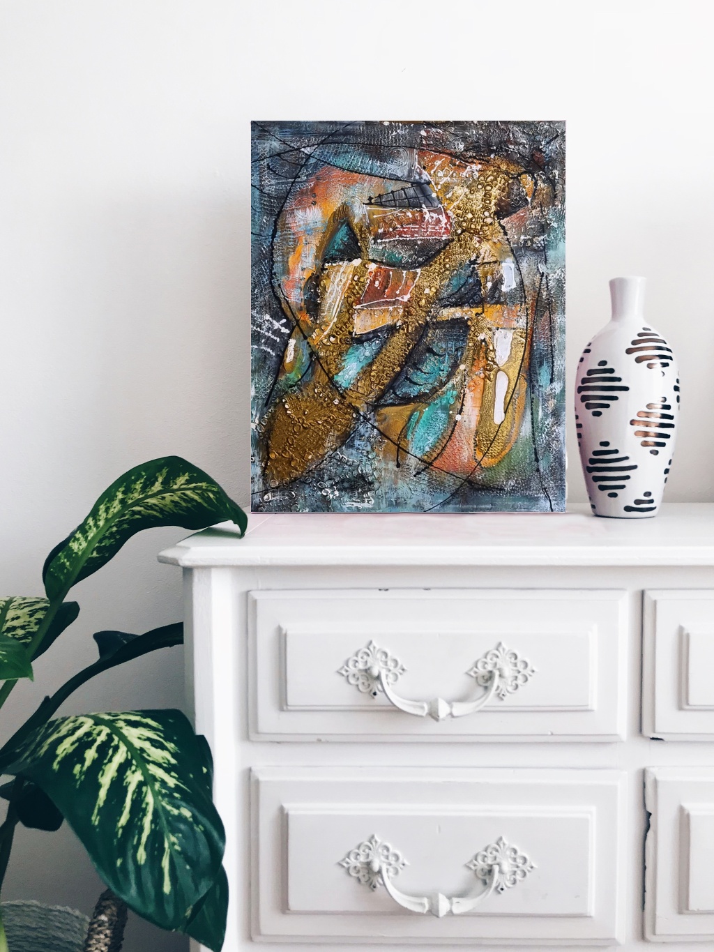 Abstract Black Seafarer in Textured Chaos — art on the wall, room interior preview 2
