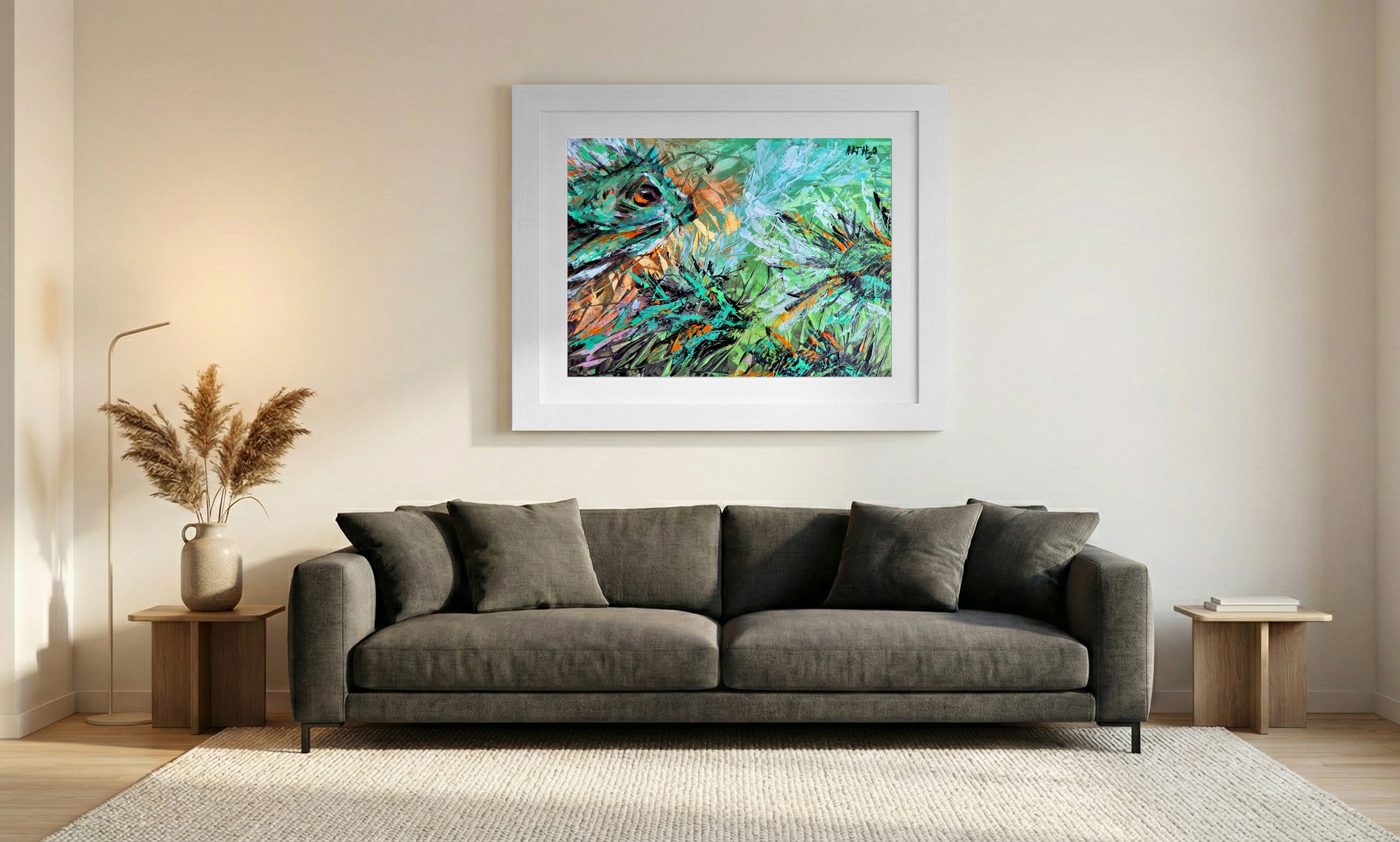 Emerald Resilience of the Lucky Fish, Acrylic Expressionism — art on the wall, room interior preview 1
