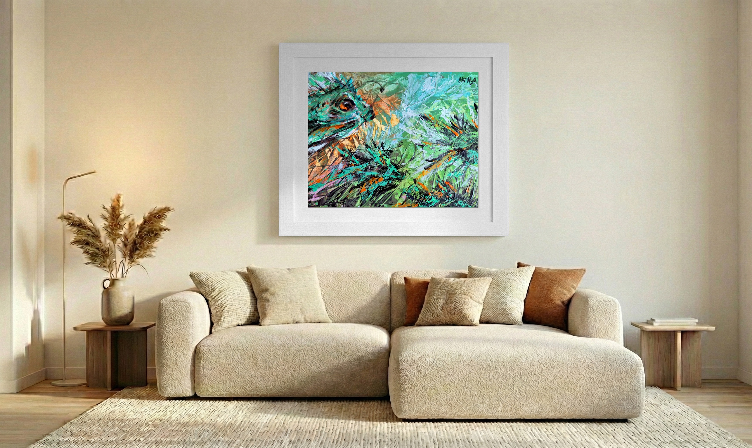 Emerald Resilience of the Lucky Fish, Acrylic Expressionism — art on the wall, room interior preview 2