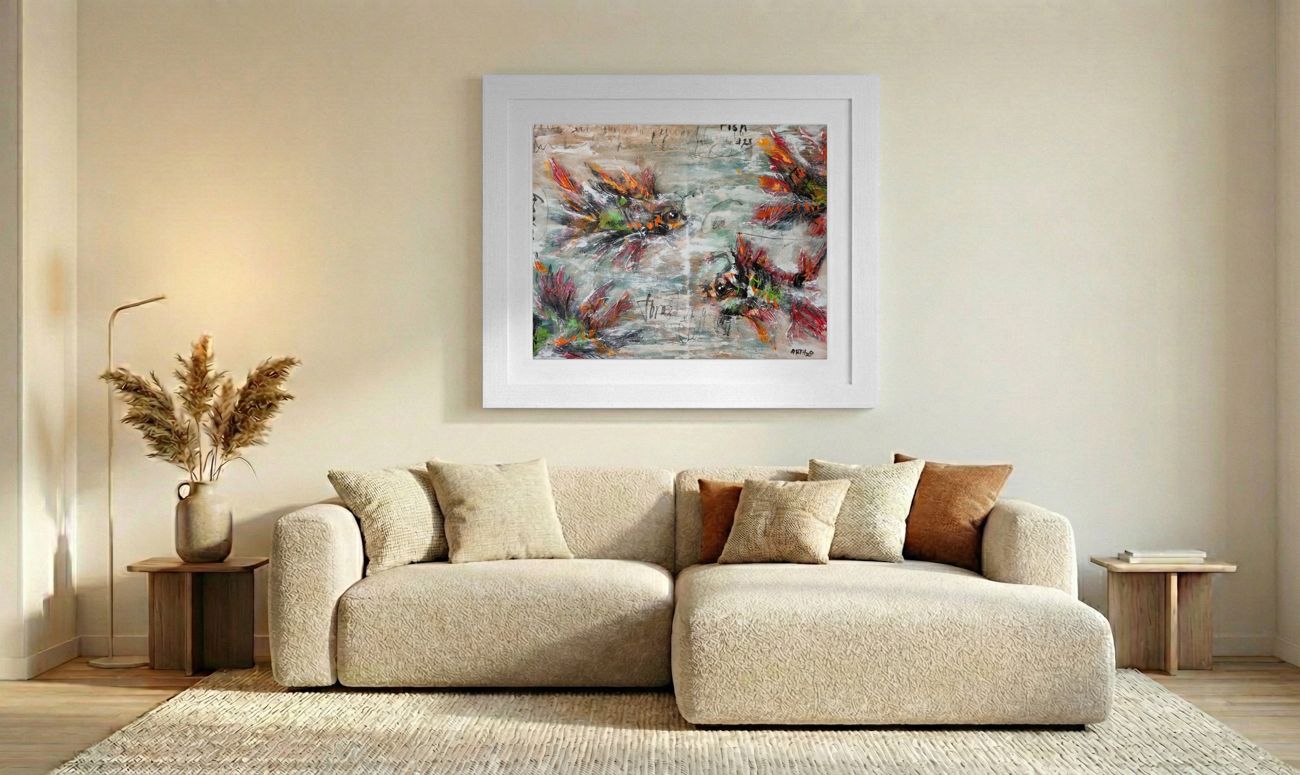 Vivid Flow of Lucky Fish VIII, Acrylic Expressionism — art on the wall, room interior preview 2
