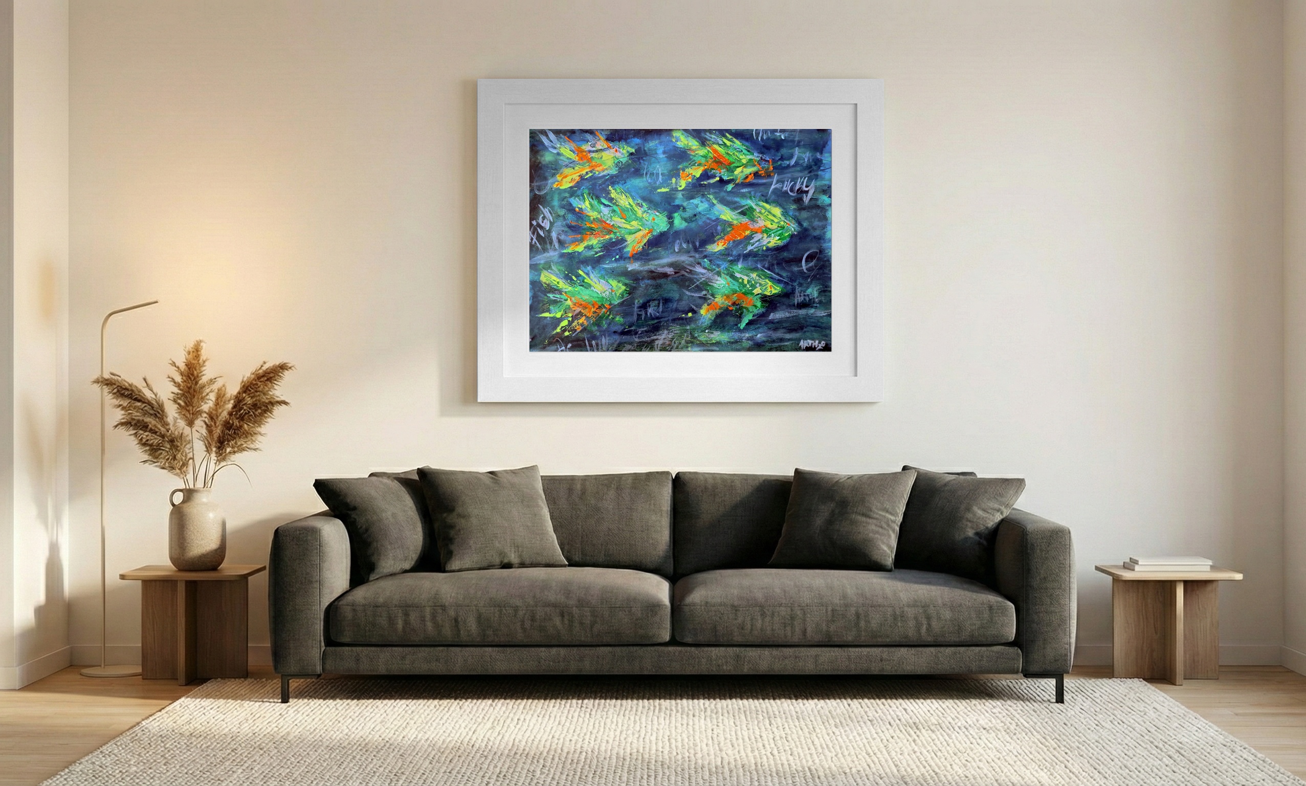 Neon School of Lucky Fish, Acrylic Expressionism — art on the wall, room interior preview 1