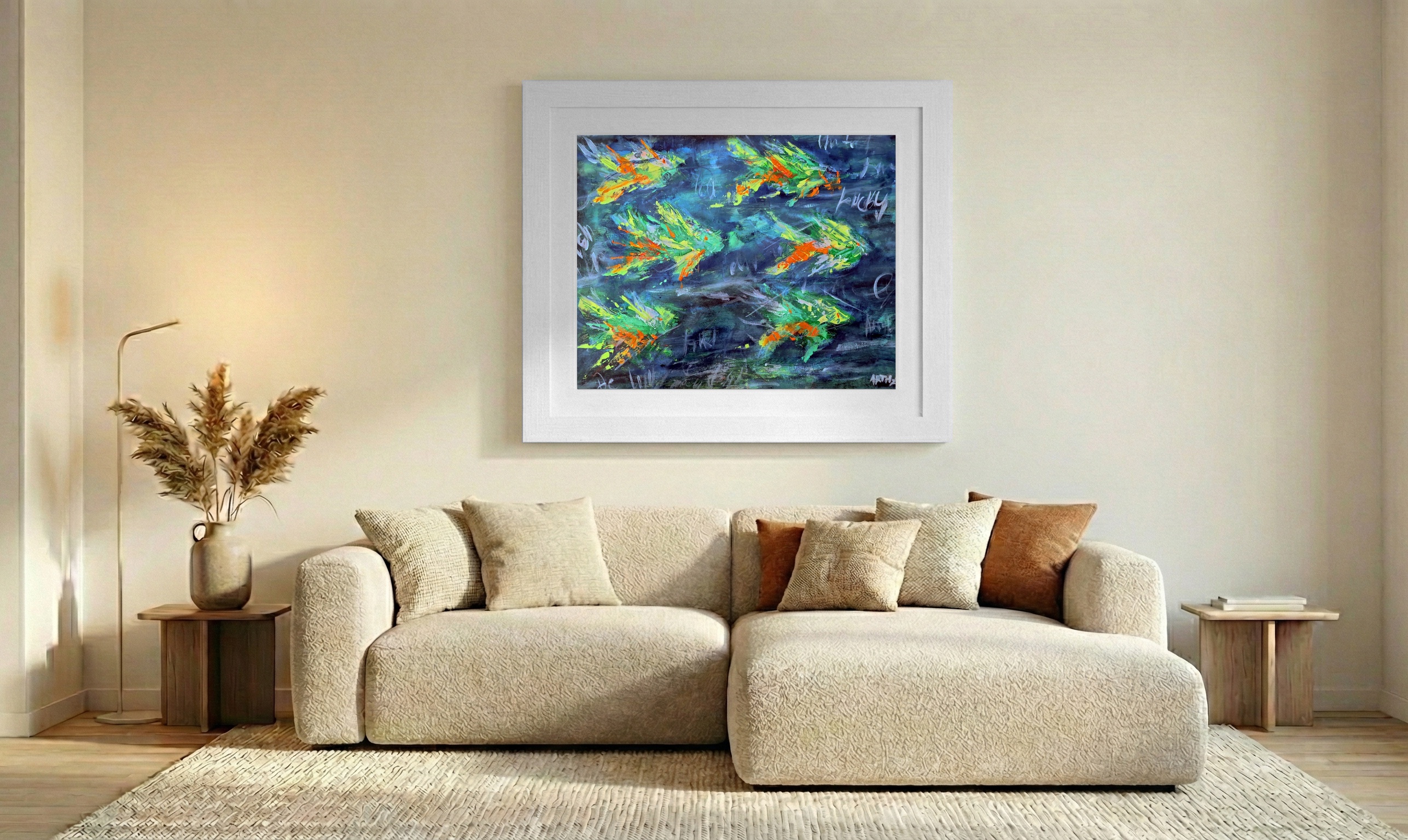 Neon School of Lucky Fish, Acrylic Expressionism — art on the wall, room interior preview 2