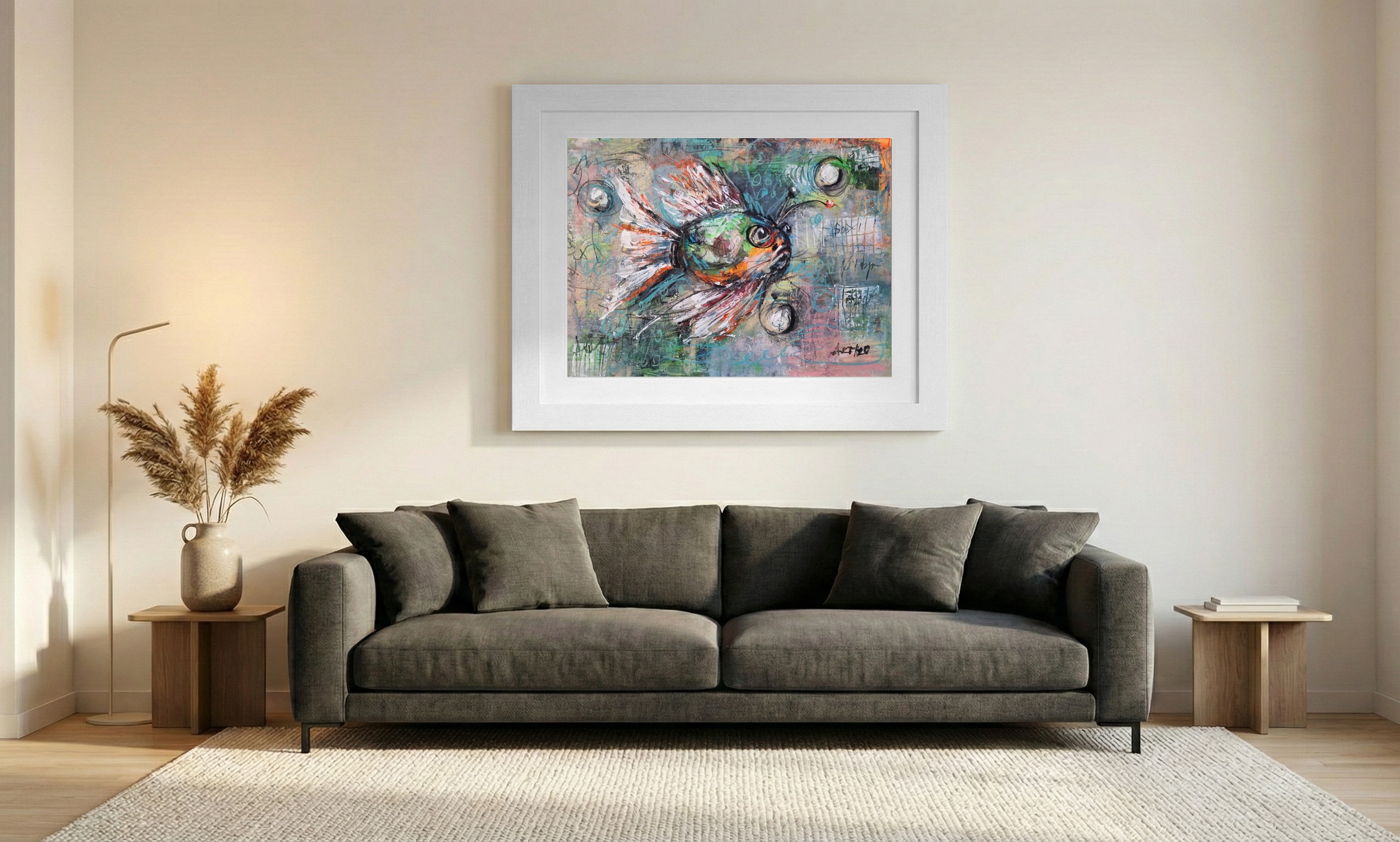 Emerald Fish with Guiding Light, A3 Acrylic Art — art on the wall, room interior preview 1