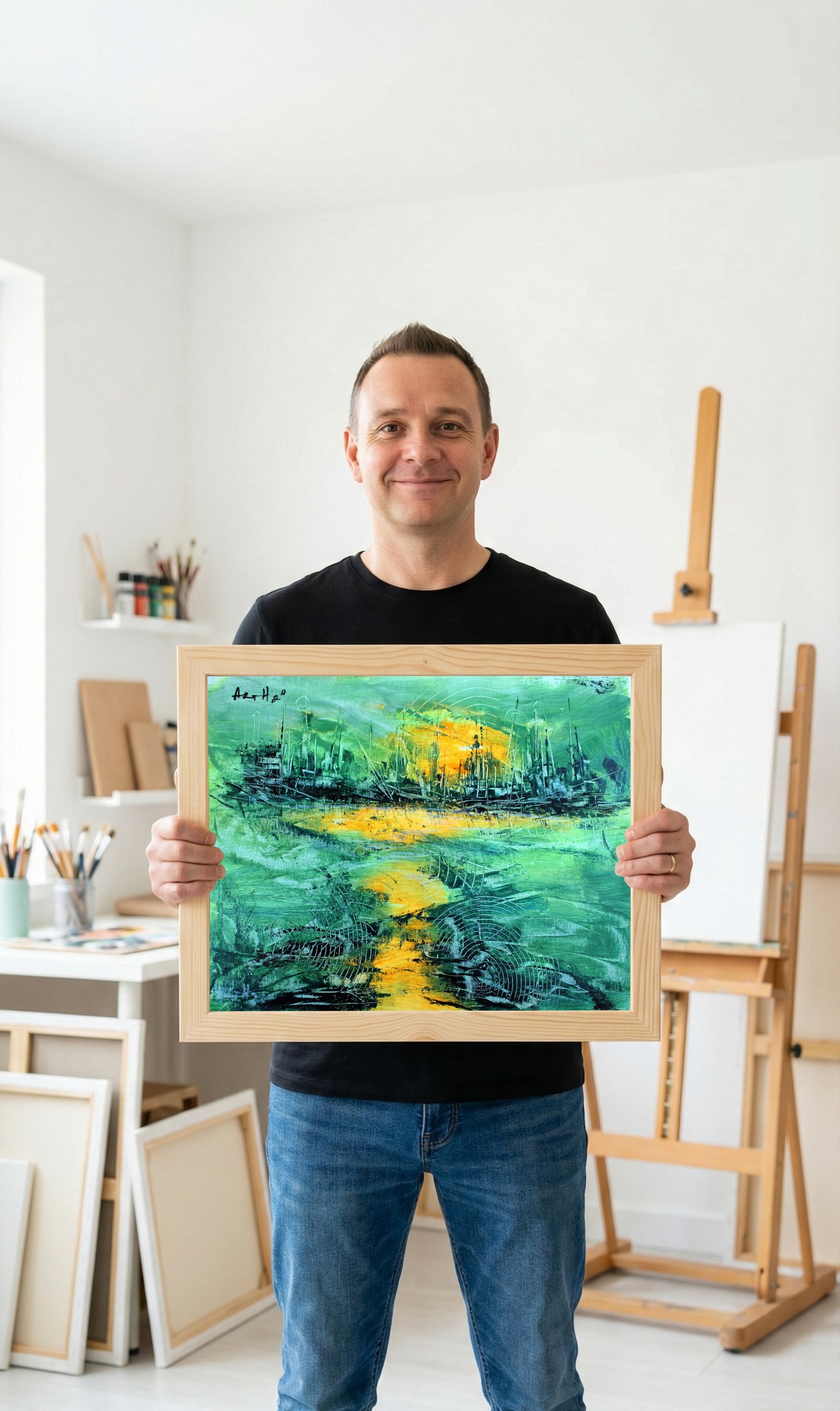 Emerald City Sunset, Urban Seascape in Acrylic — art on the wall, room interior preview 1