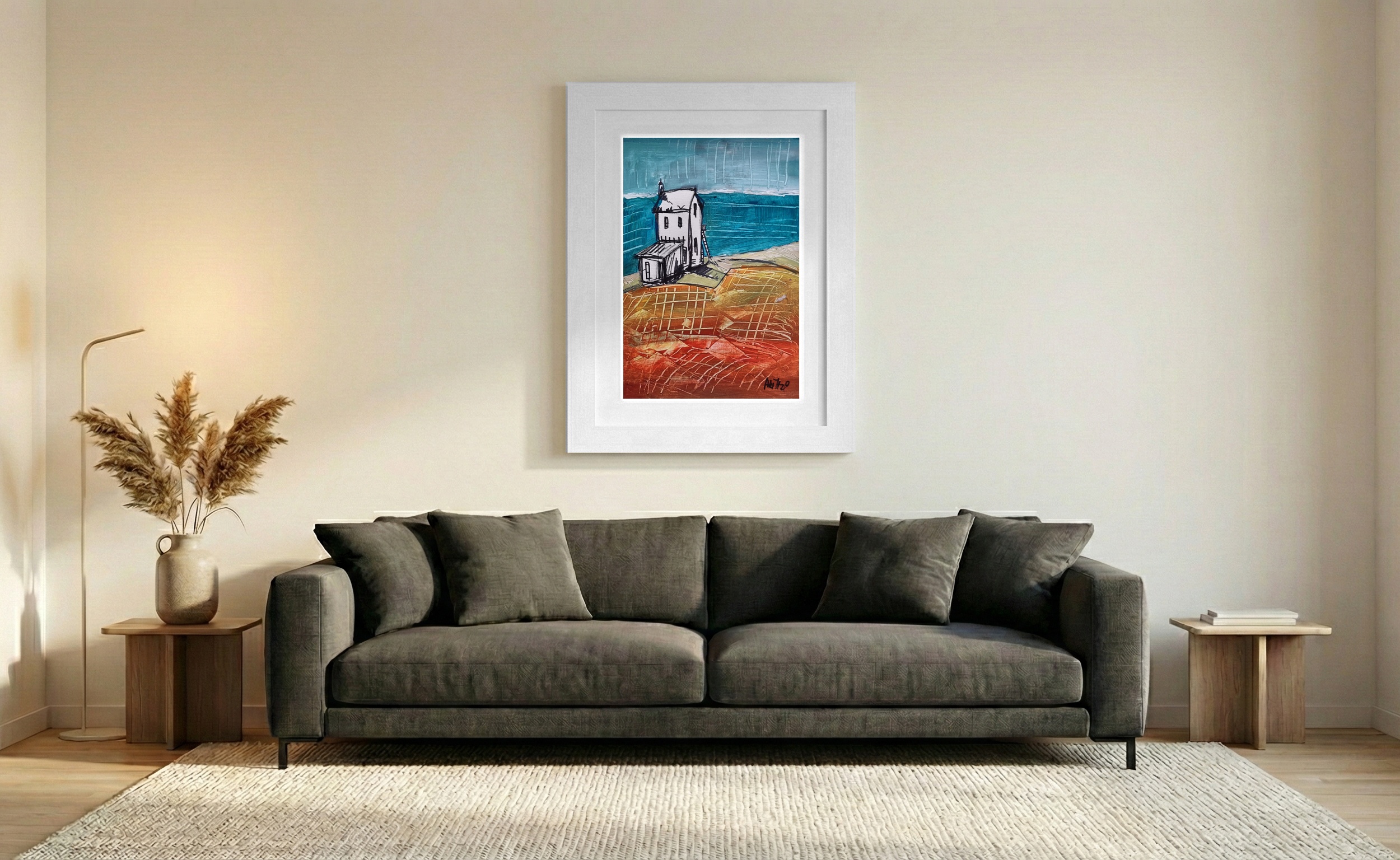 Teal and Orange Irish Cottage — art on the wall, room interior preview 1