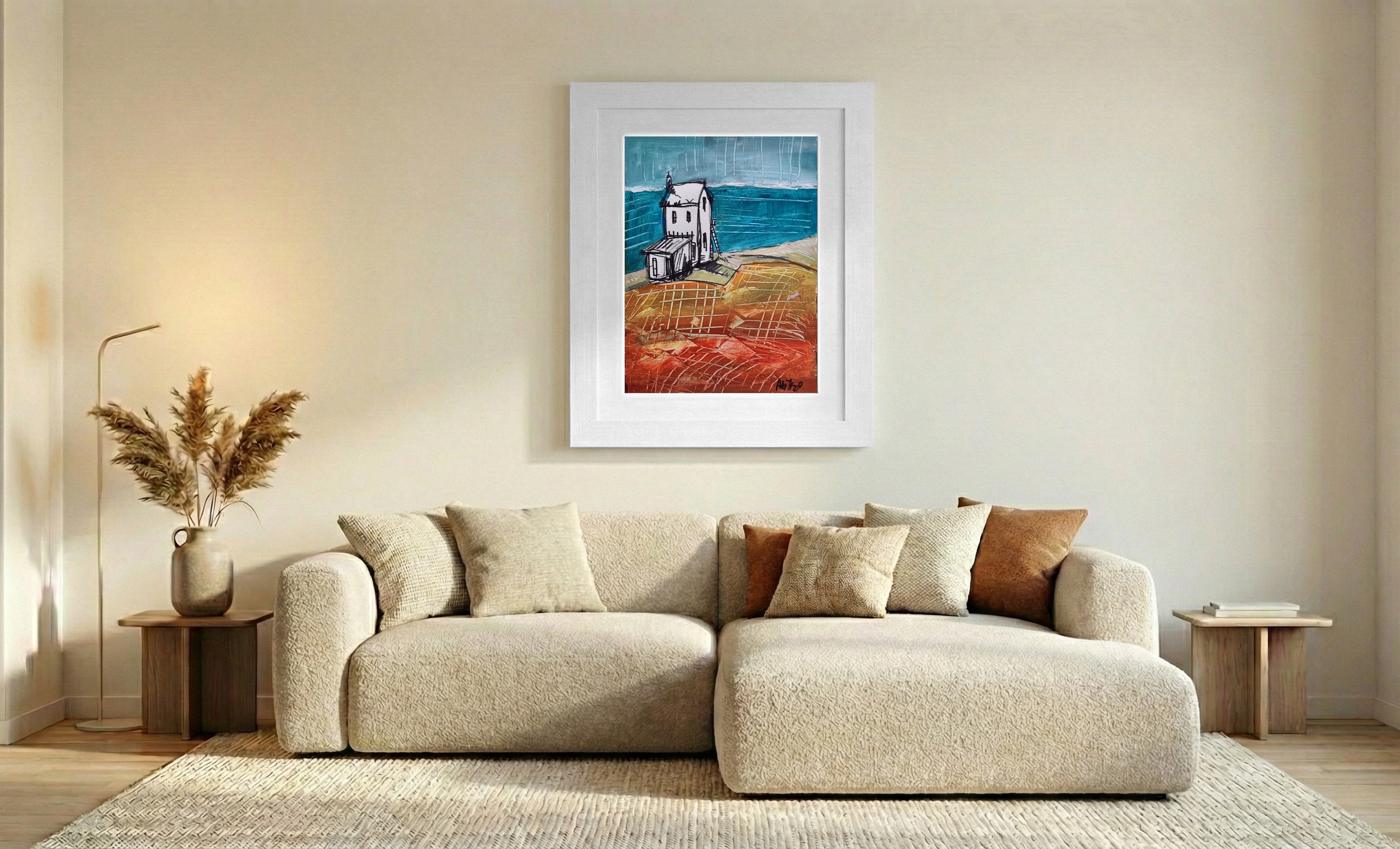 Teal and Orange Irish Cottage — art on the wall, room interior preview 2