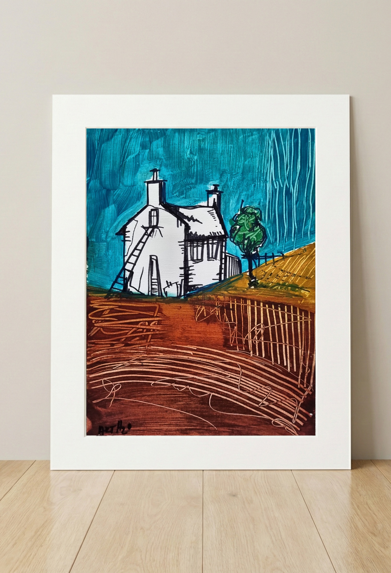 Teal, Grey and Crimson Stormscape — art on the wall, room interior preview 3