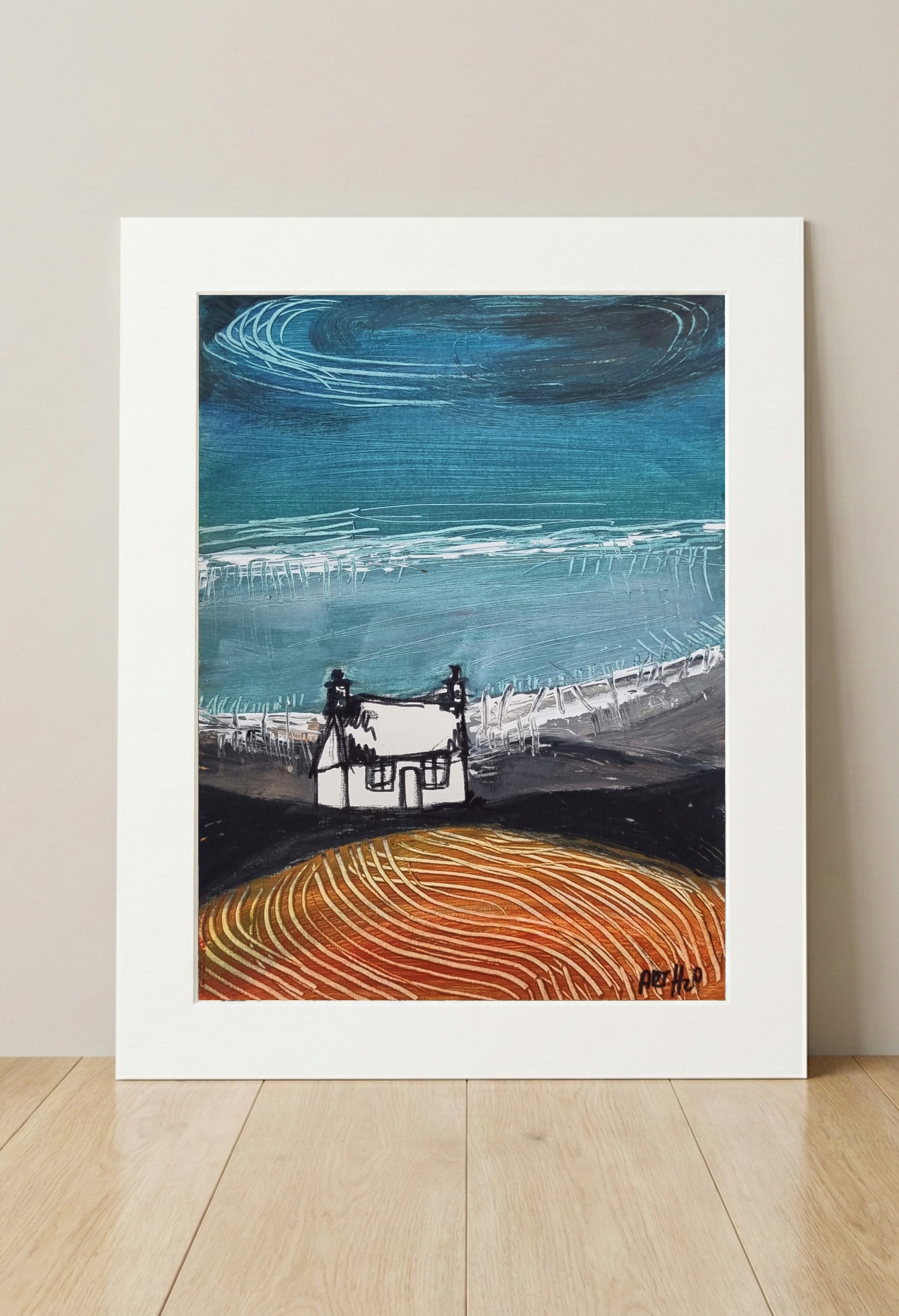 Dynamic Teal and Orange Irish Coastal Scene — art on the wall, room interior preview 3