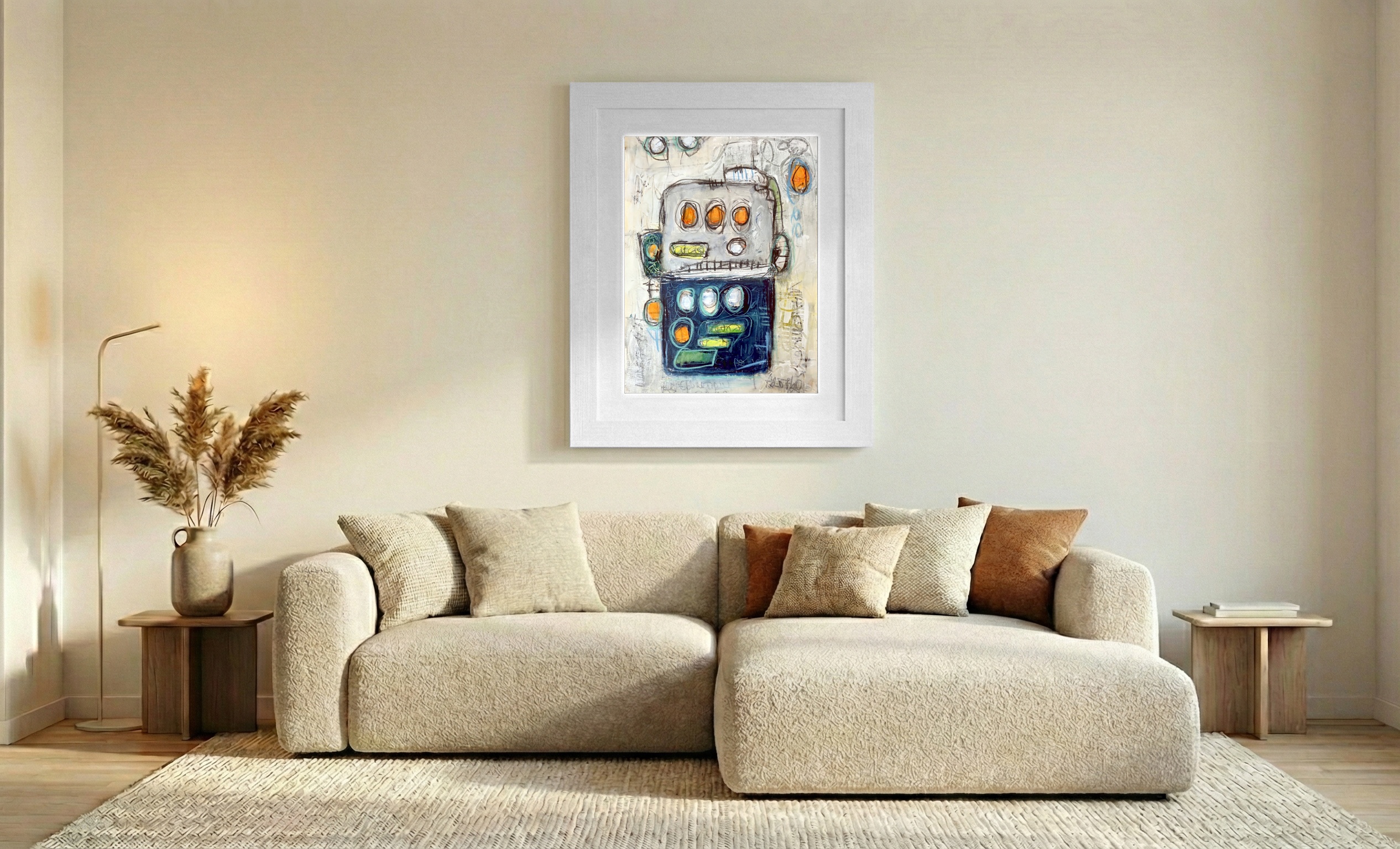 Whimsical Naive Abstract Robot Portrait — art on the wall, room interior preview 3