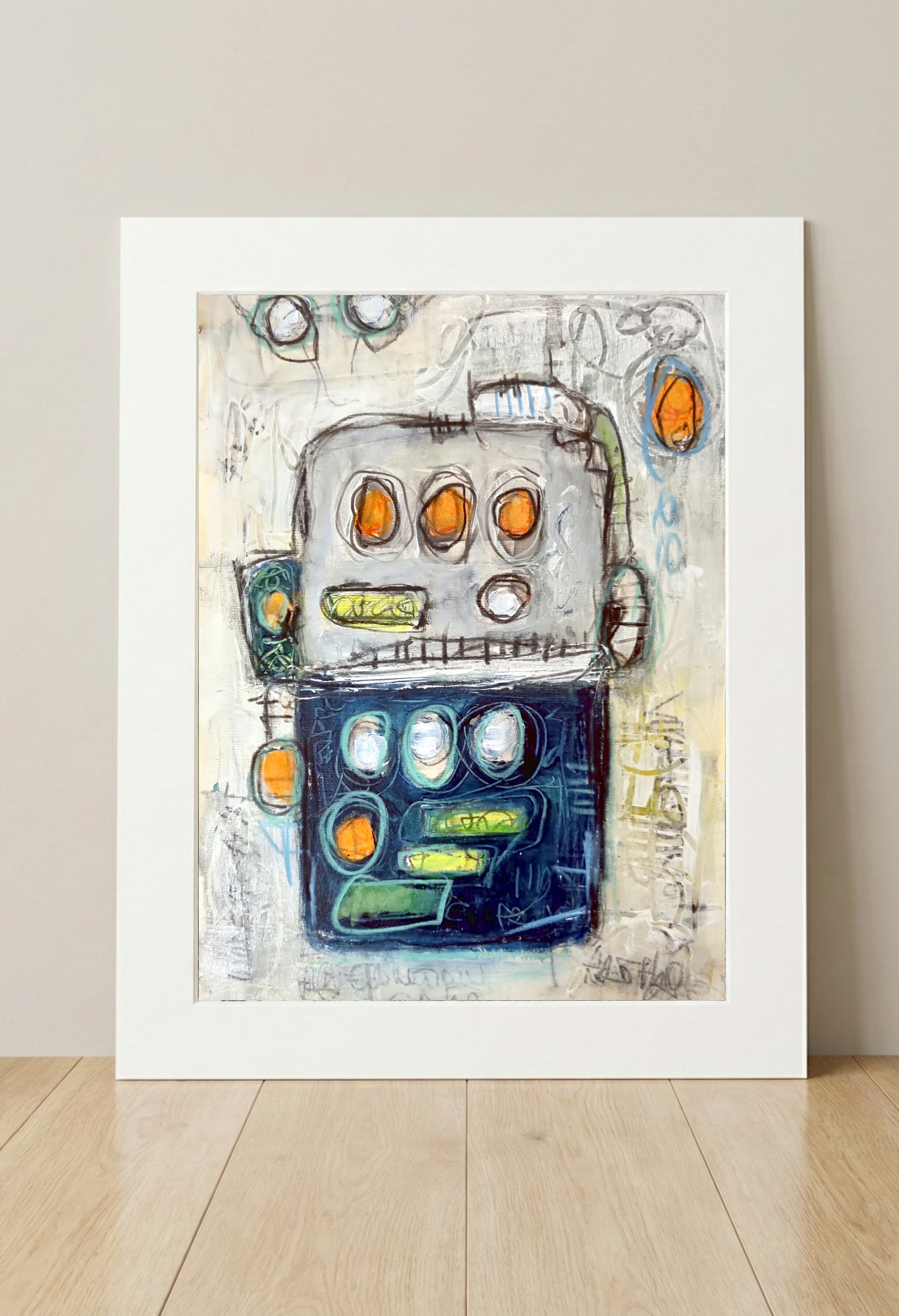 Whimsical Naive Abstract Robot Portrait — art on the wall, room interior preview 3