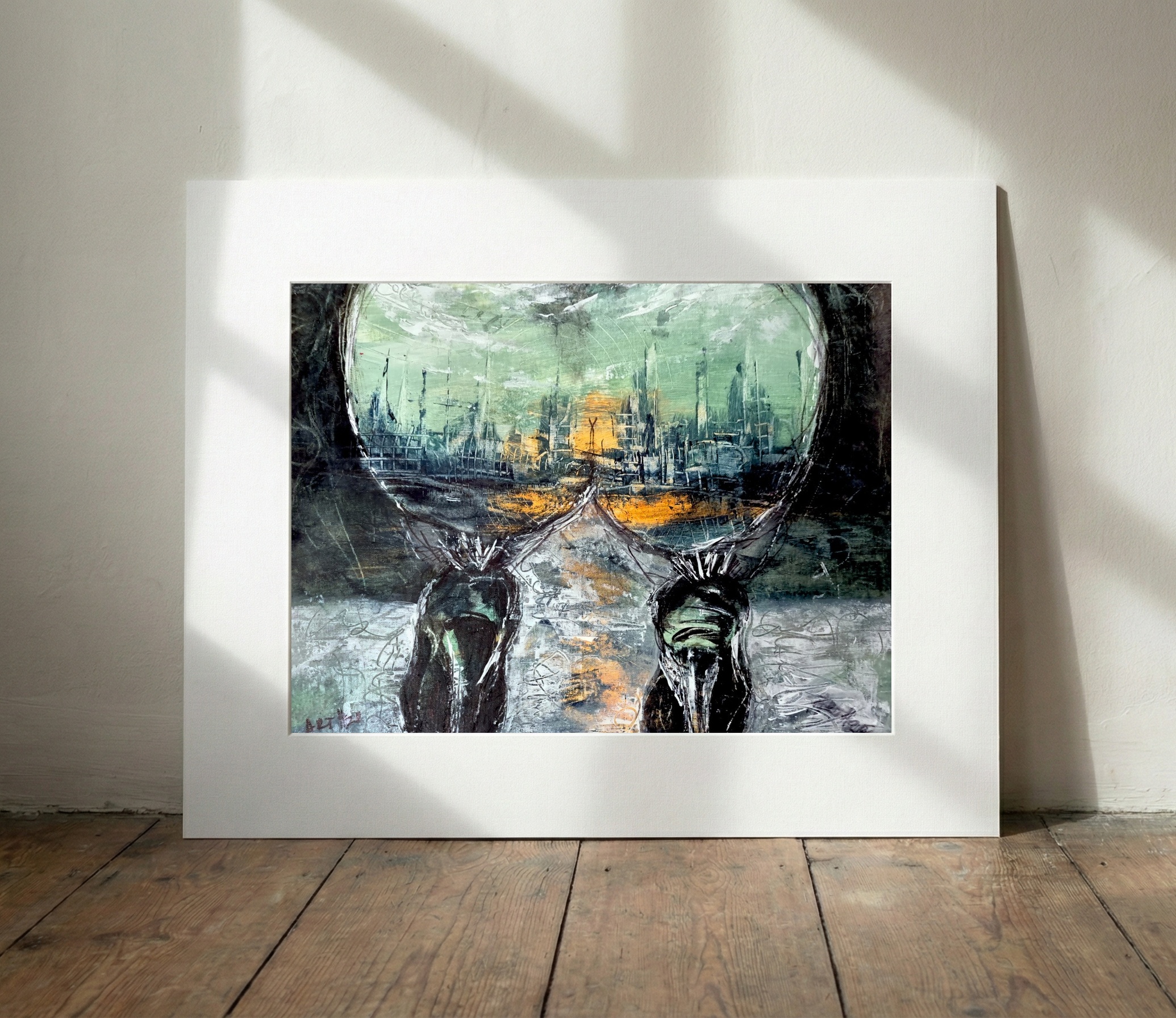 Soft Black and Orange Urban Silhouette — art on the wall, room interior preview 2