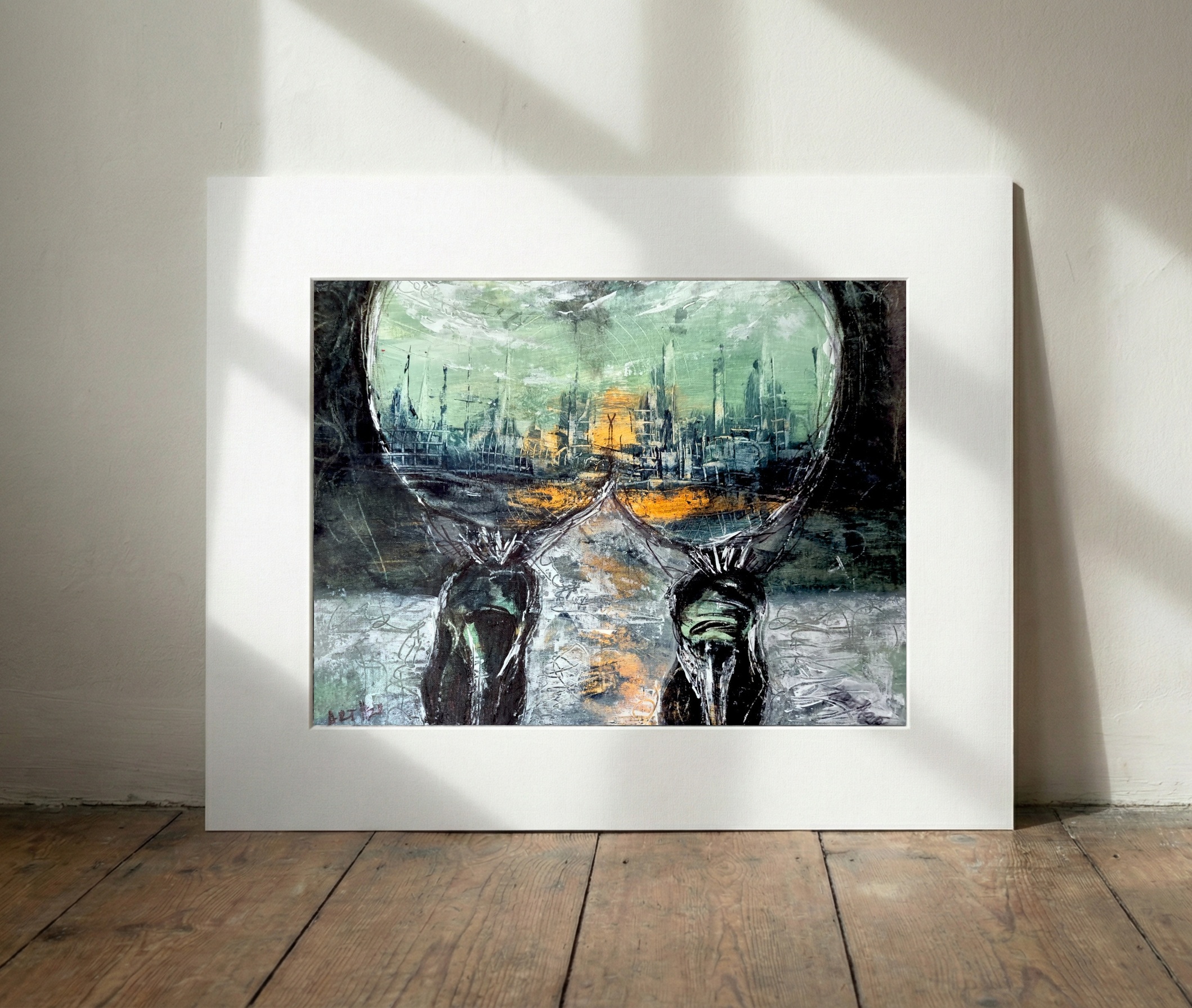 Soft Black and Orange Urban Silhouette — art on the wall, room interior preview 3