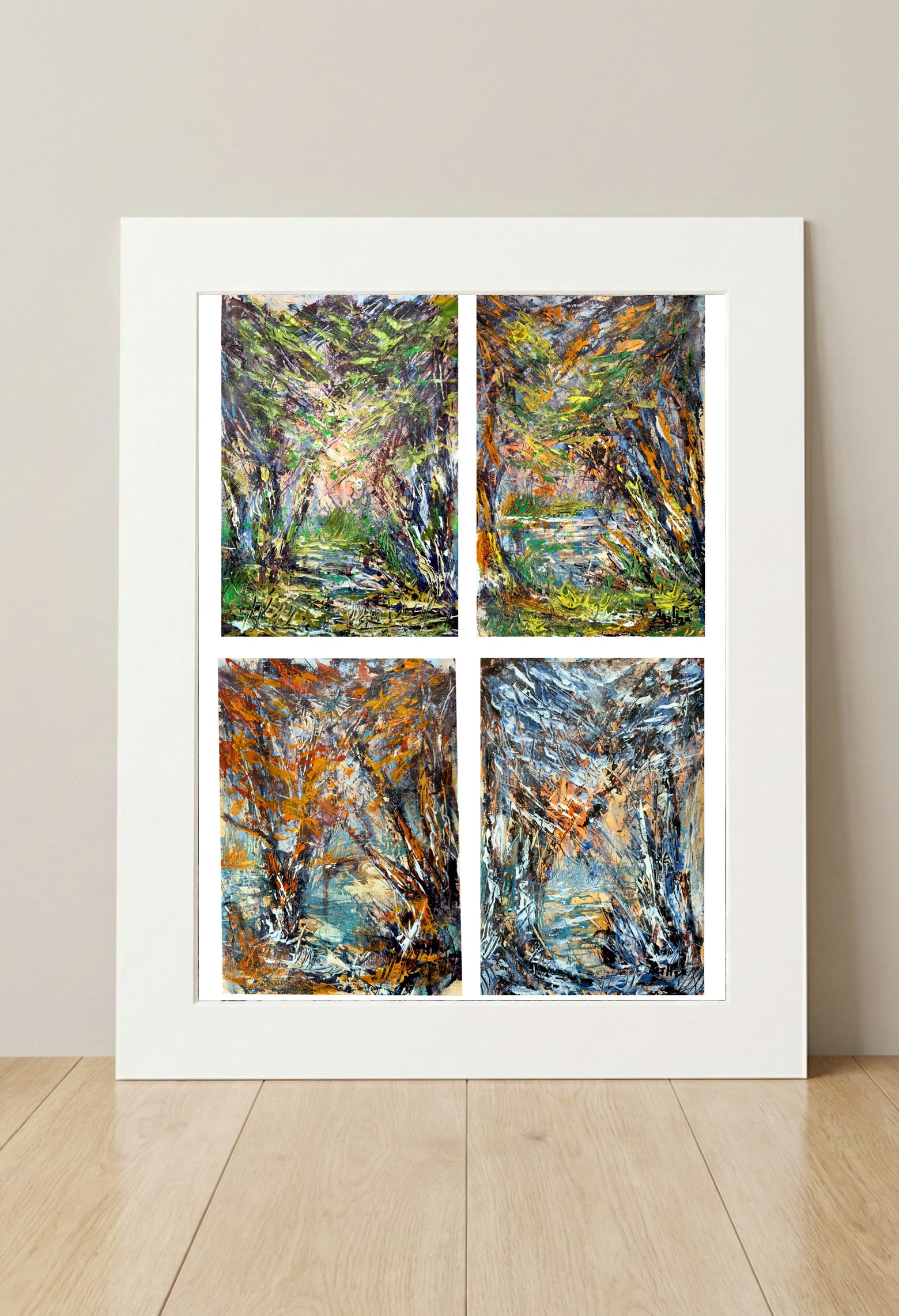 Vivid Four Seasons Forest Path Panels — art on the wall, room interior preview 3