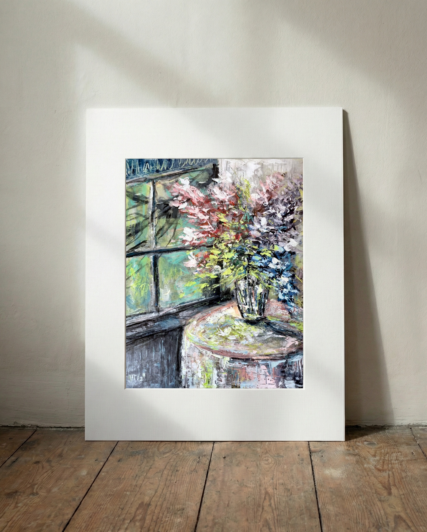 Pink and Lavender Floral Still Life — art on the wall, room interior preview 2