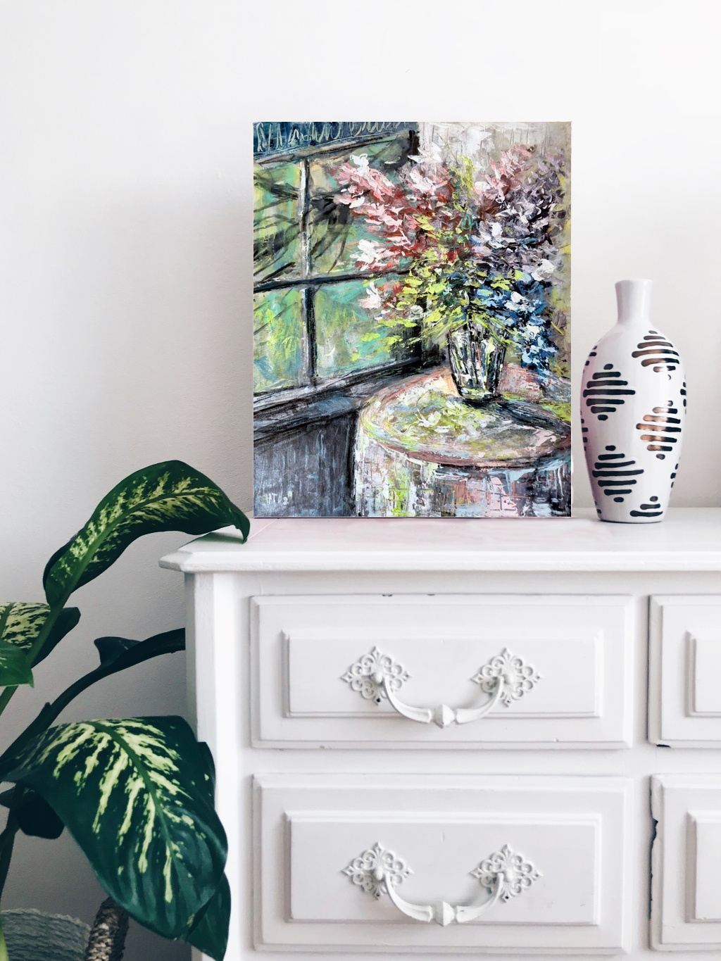 Pink and Lavender Floral Still Life — art on the wall, room interior preview 3