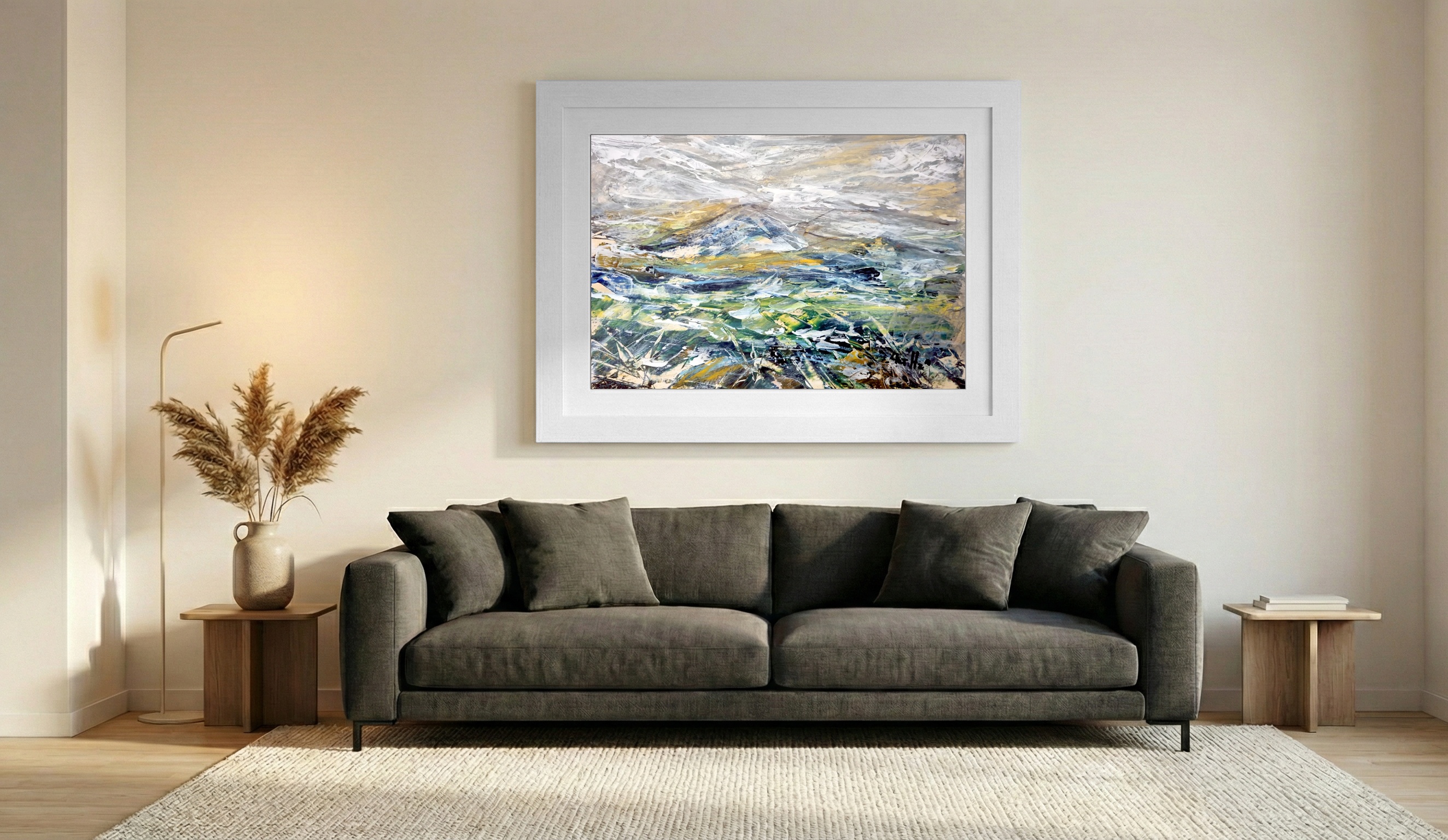 Grey and Green Misty Mountain Landscape — art on the wall, room interior preview 1