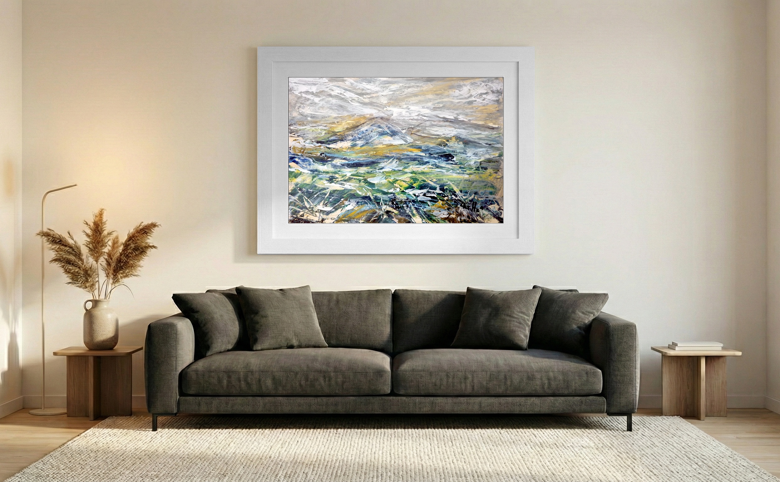 Grey and Green Misty Mountain Landscape — art on the wall, room interior preview 2