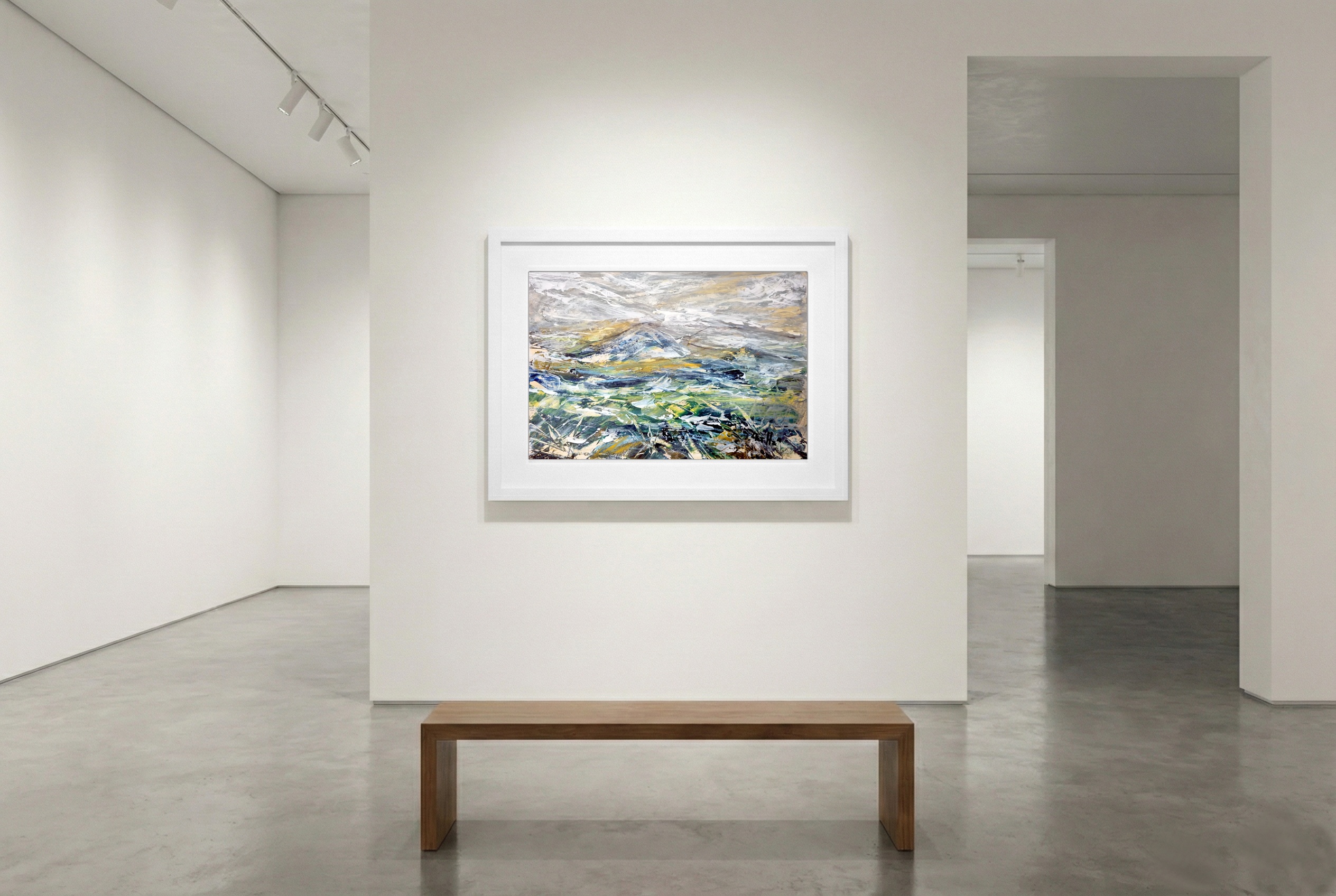 Grey and Green Misty Mountain Landscape — art on the wall, room interior preview 3