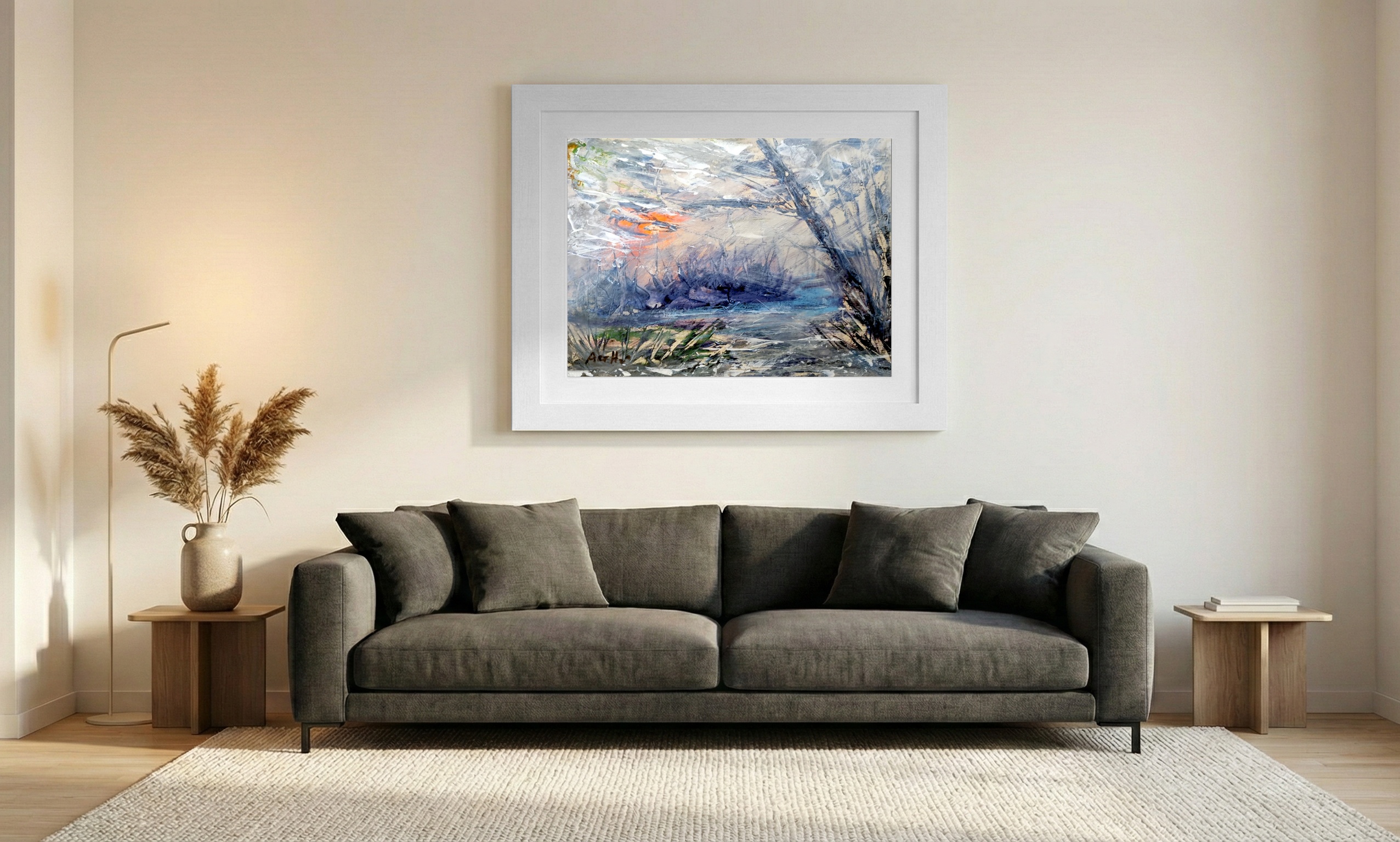 Burnt Orange and Grey Twilight Landscape — art on the wall, room interior preview 1