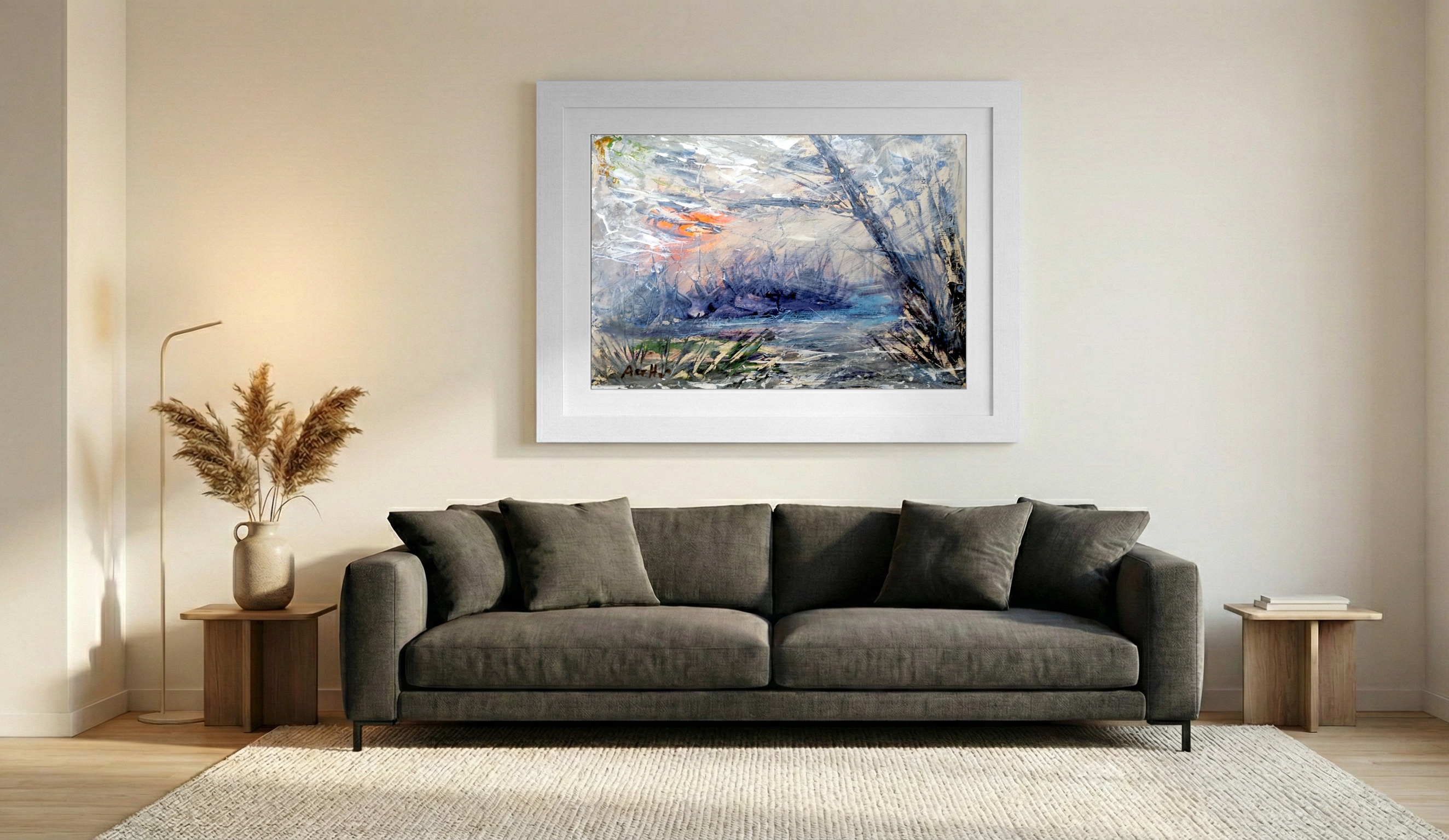Burnt Orange and Grey Twilight Landscape — art on the wall, room interior preview 2