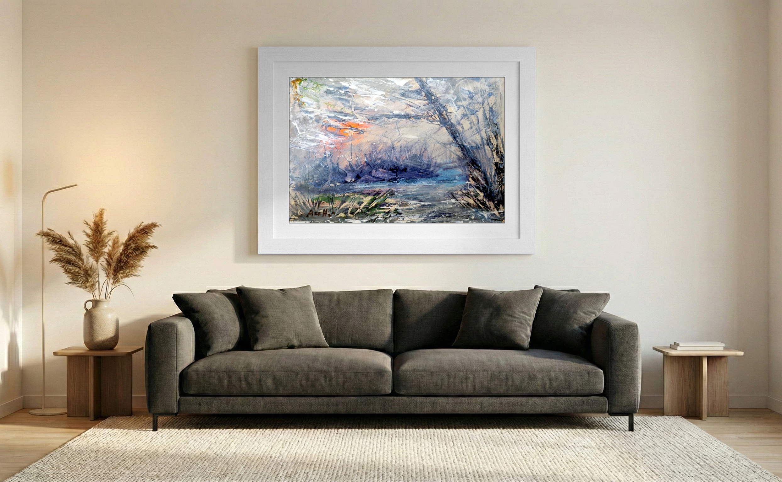 Burnt Orange and Grey Twilight Landscape — art on the wall, room interior preview 3